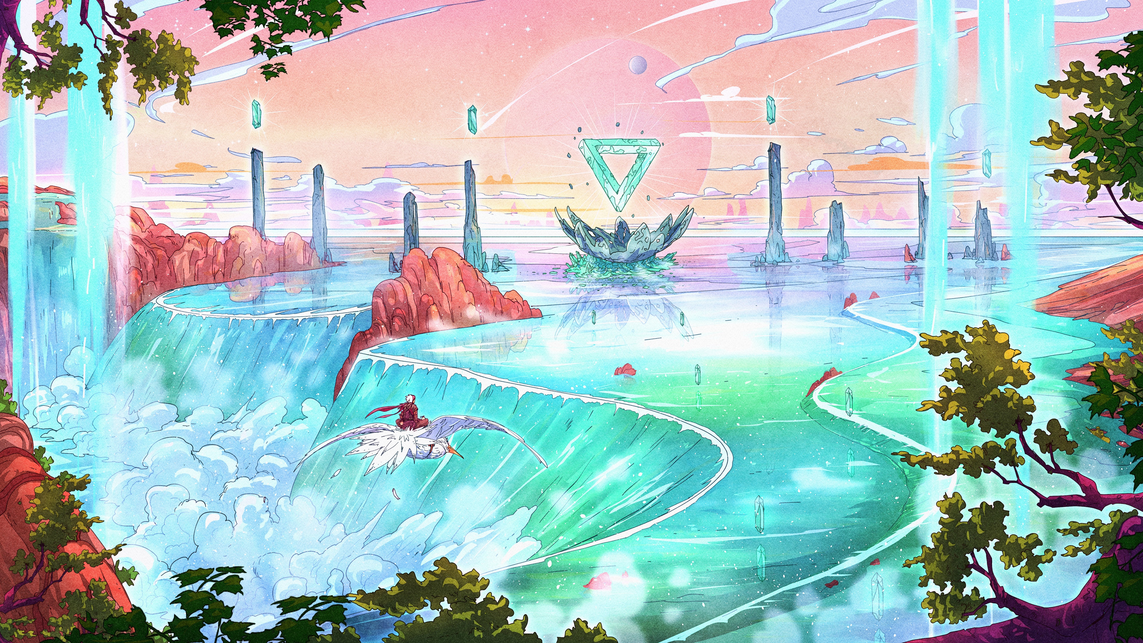 Fantasy landscape with waterfalls and crystals by Christian Benavides HD Wallpaper