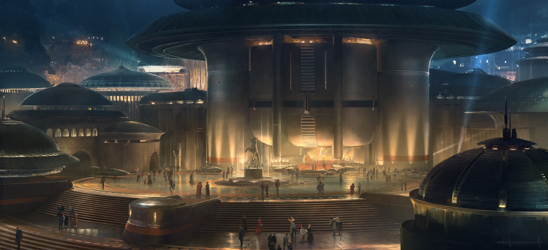 Star Wars futuristic city with people and buildings HD Wallpaper