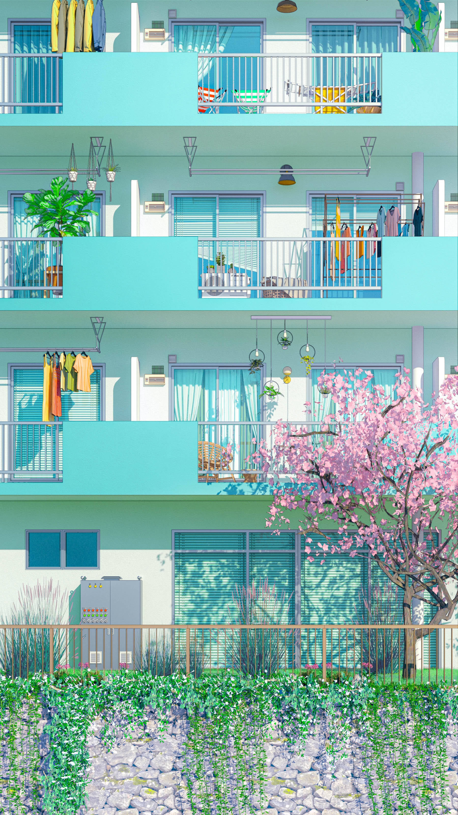 Apartment building with balconies and cherry blossoms HD Phone Wallpaper