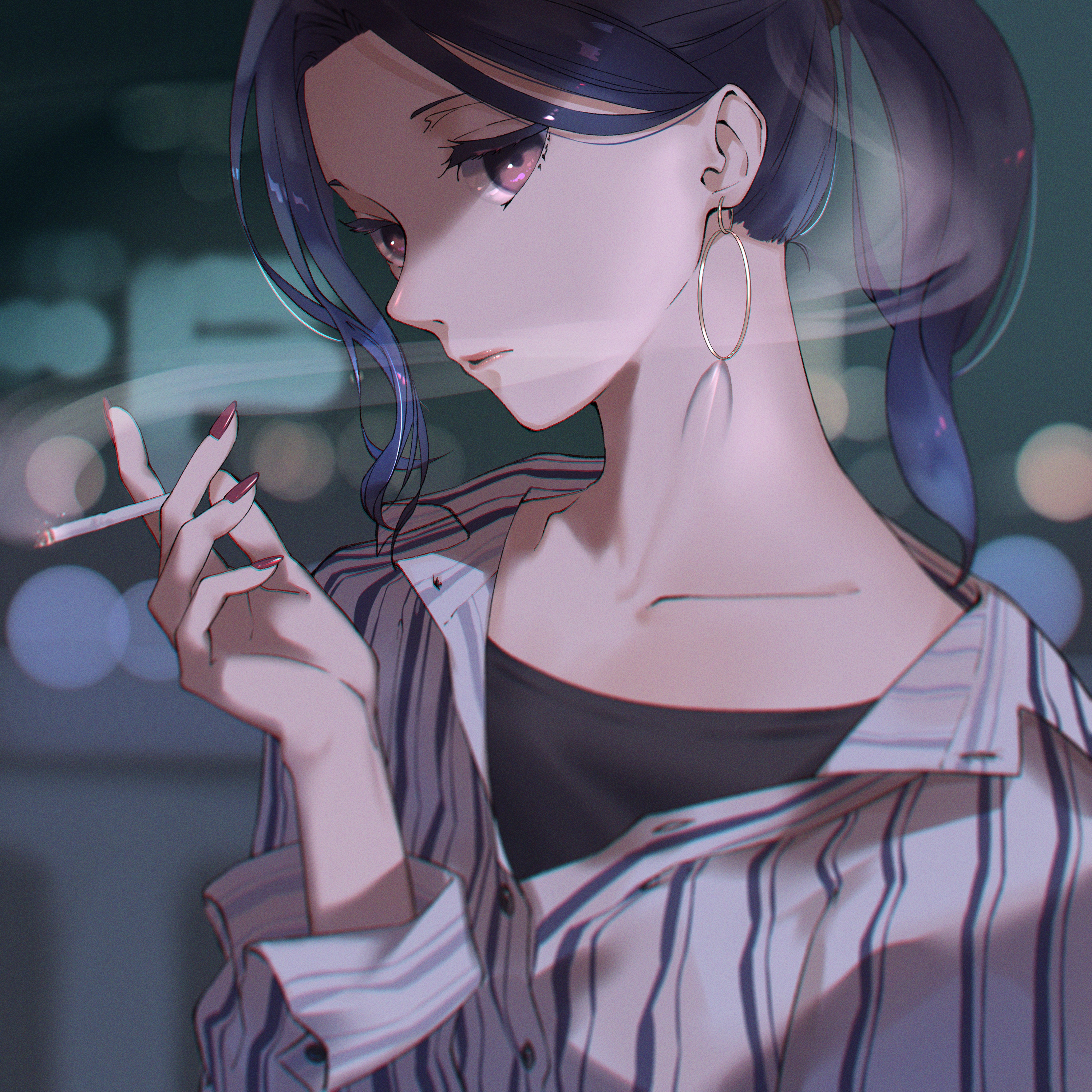 Woman with blue hair smoking a cigarette HD Wallpaper
