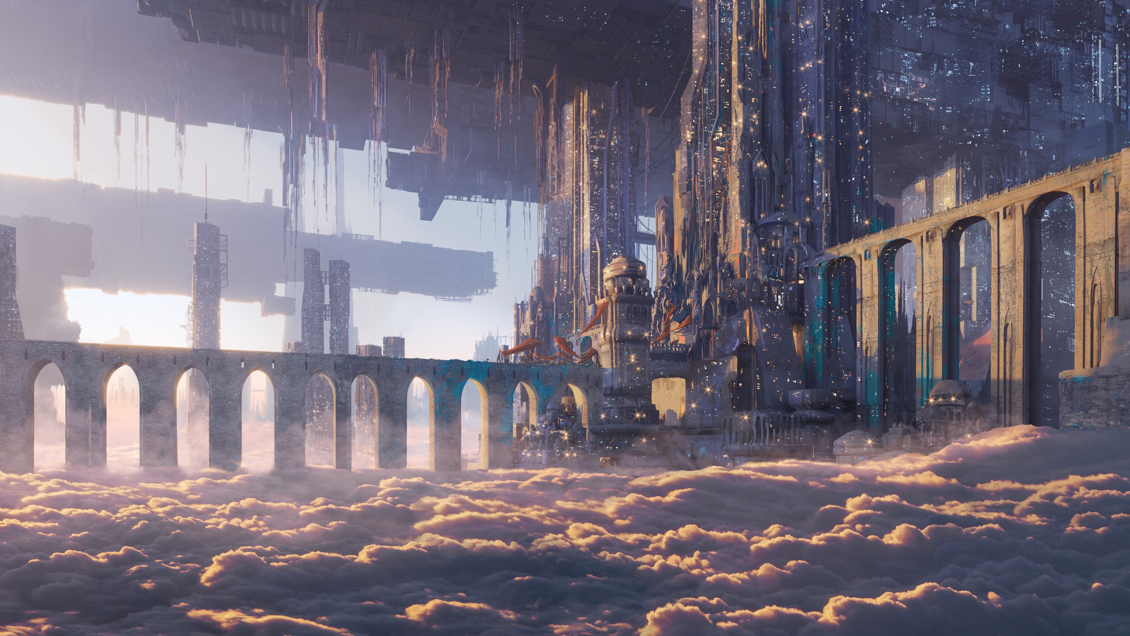 4K Futuristic City Architecture Above Clouds HD Wallpaper