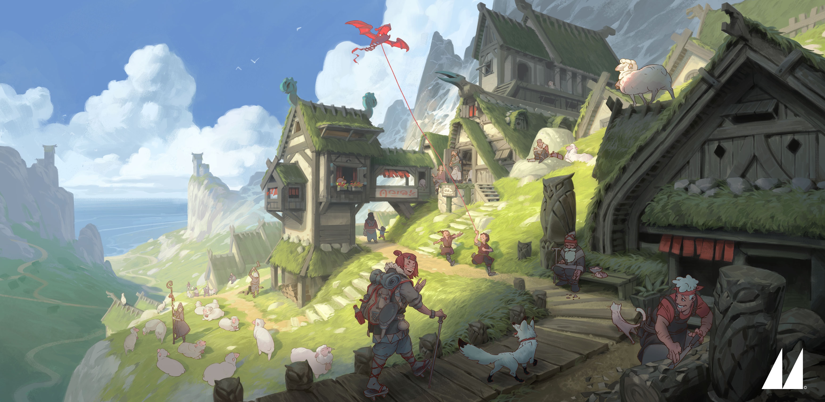 Fantasy village with sheep and a dragon kite HD Wallpaper
