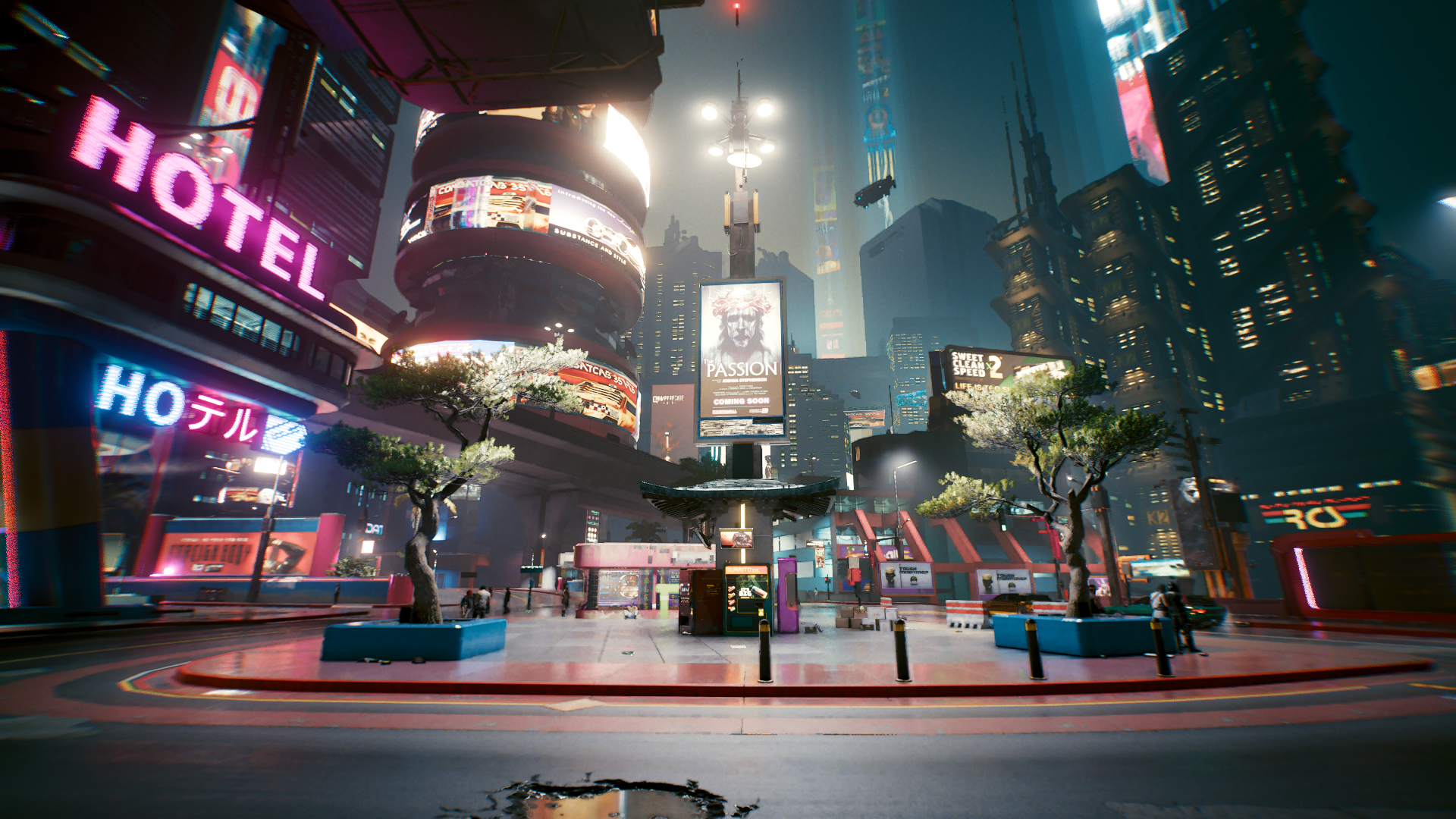 Cyberpunk 2077 city street with hotel and billboards HD Wallpaper