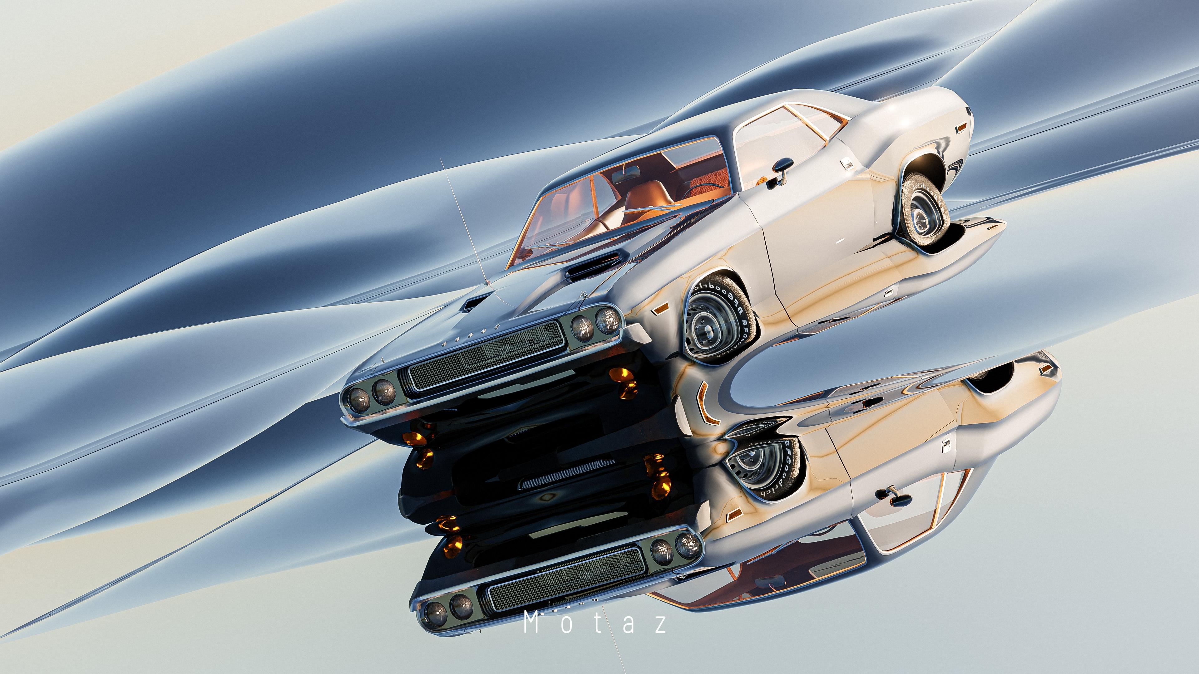 4K Dodge Challenger reflection on a wavy surface HD Wallpaper