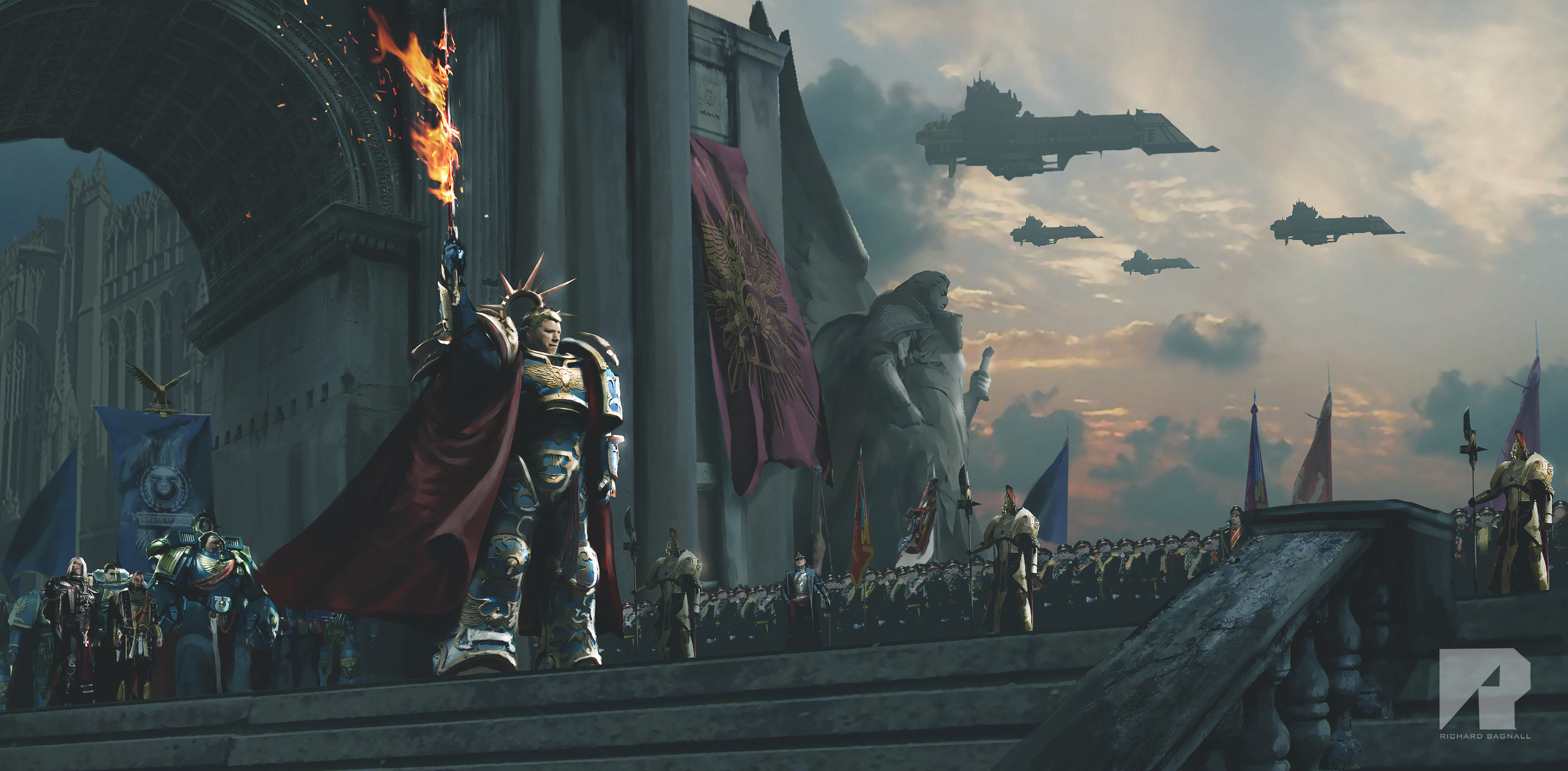 Warhammer 40,000: Primarch with Flaming Sword and Spaceships HD Wallpaper