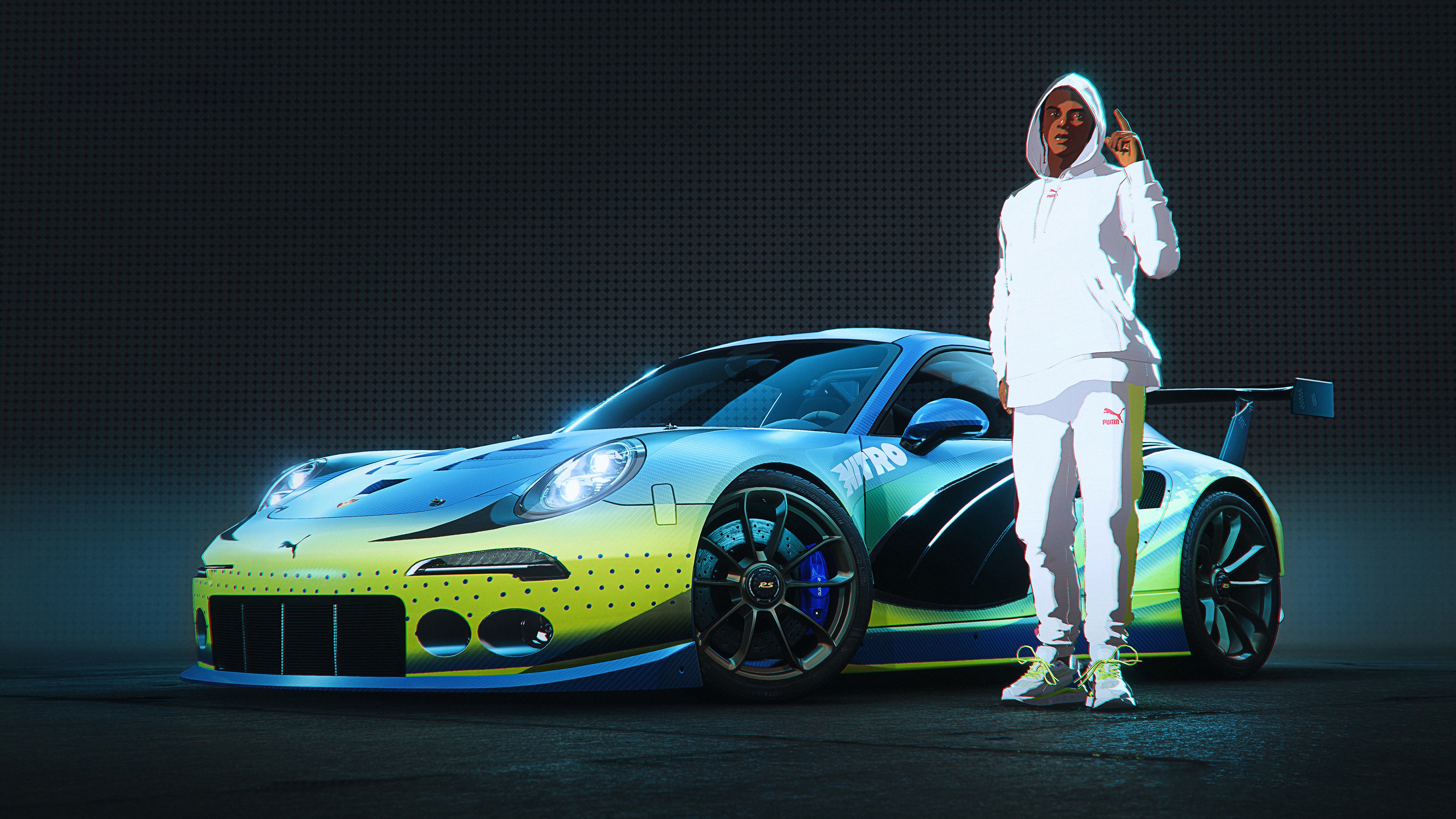 4K CGI Porsche with a man in Puma attire HD Wallpaper
