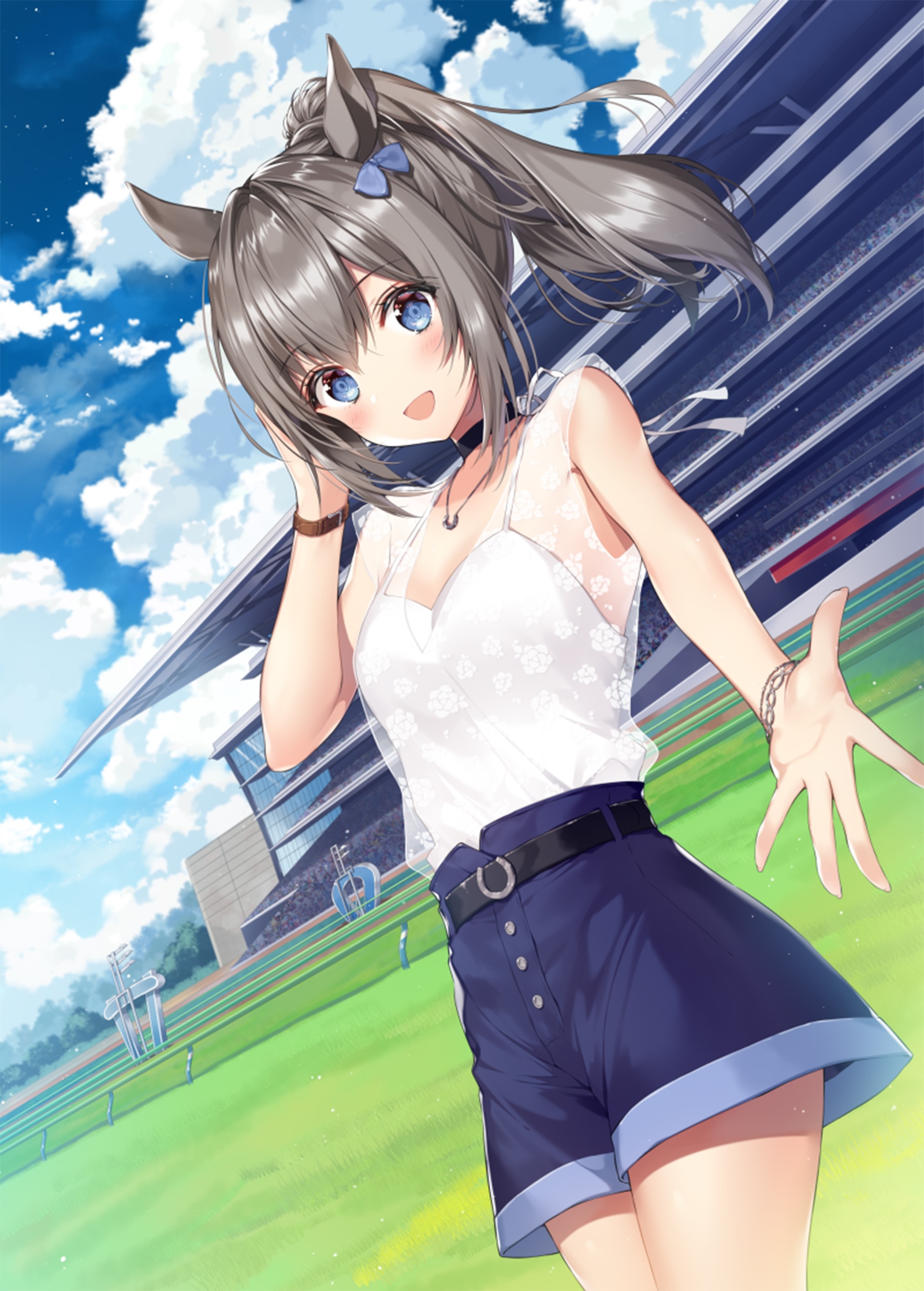 Anime girl with blue eyes and animal ears at a racetrack HD Phone Wallpaper