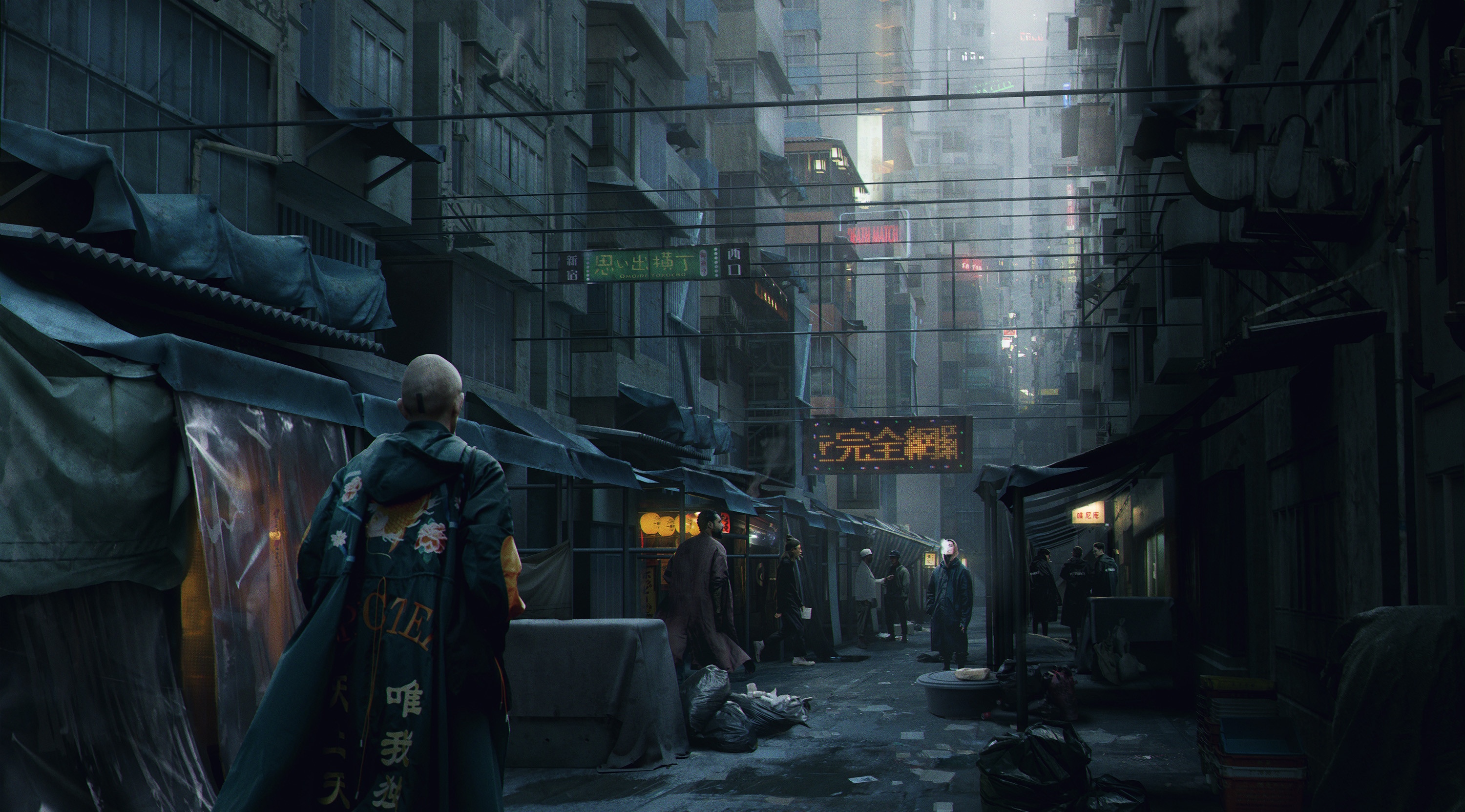 Cyberpunk street scene with people and stalls HD Wallpaper