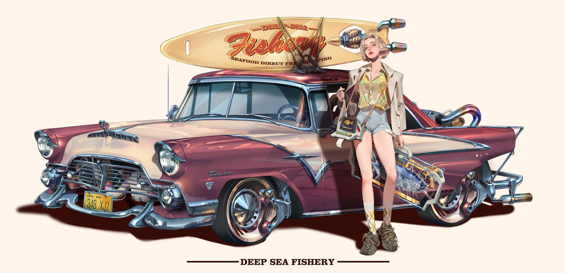 Woman with a vintage car and surfboard HD Wallpaper