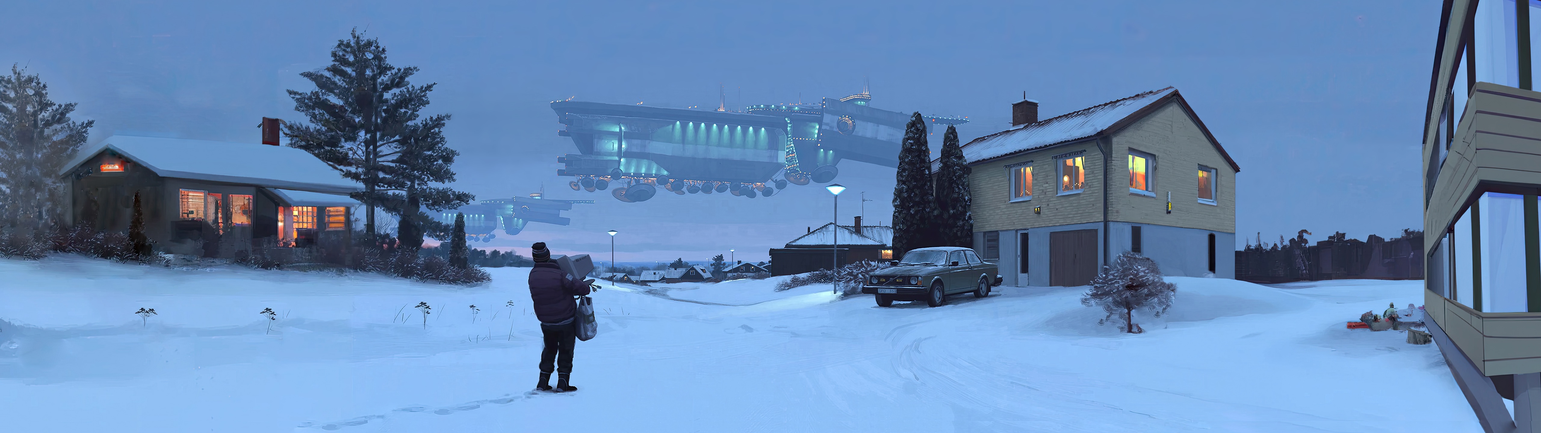 4K Simon Stålenhag digital painting of Volvo 240 in snow HD Wallpaper