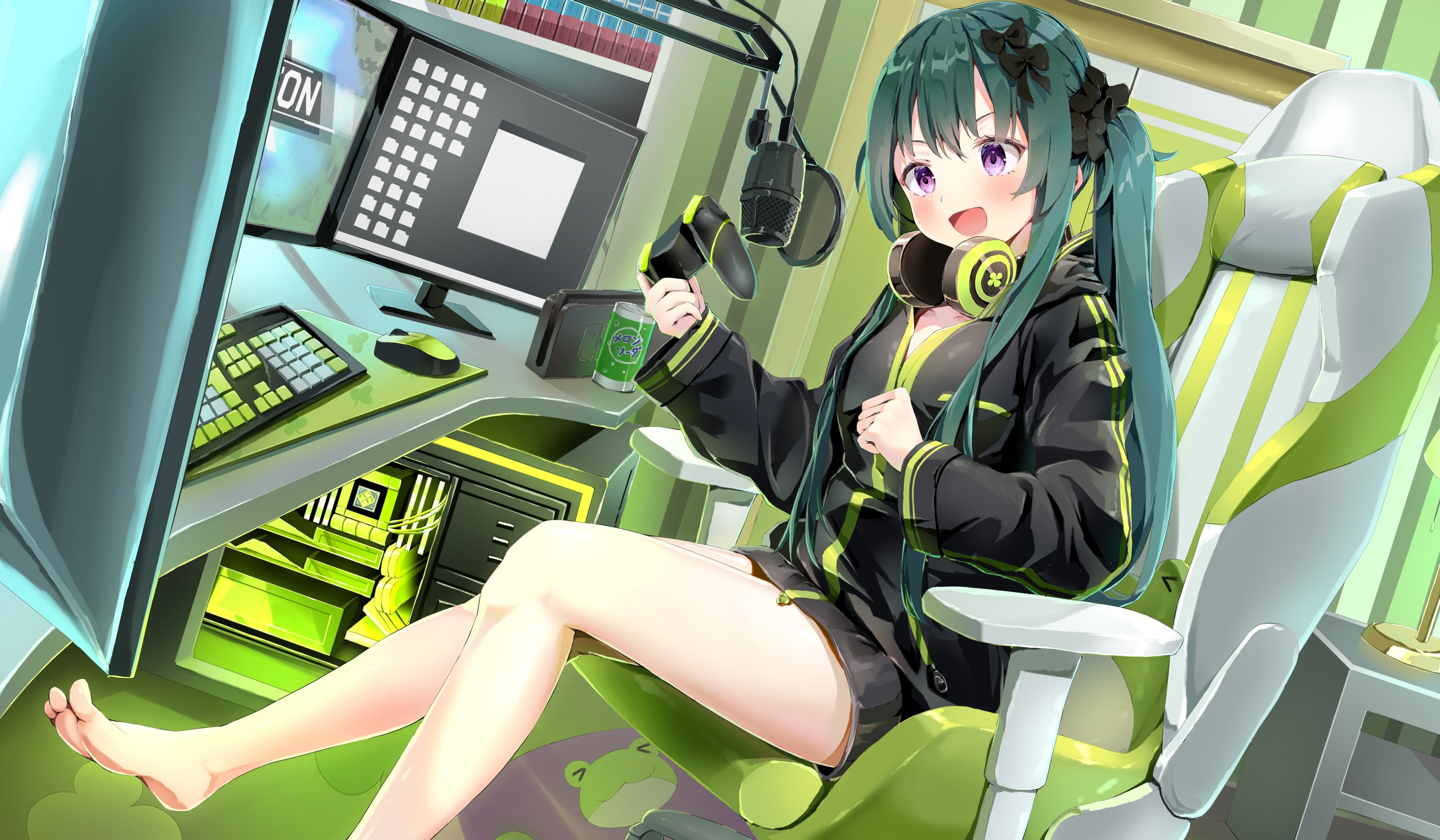 Girl with green twintails and headphones at a computer HD Wallpaper