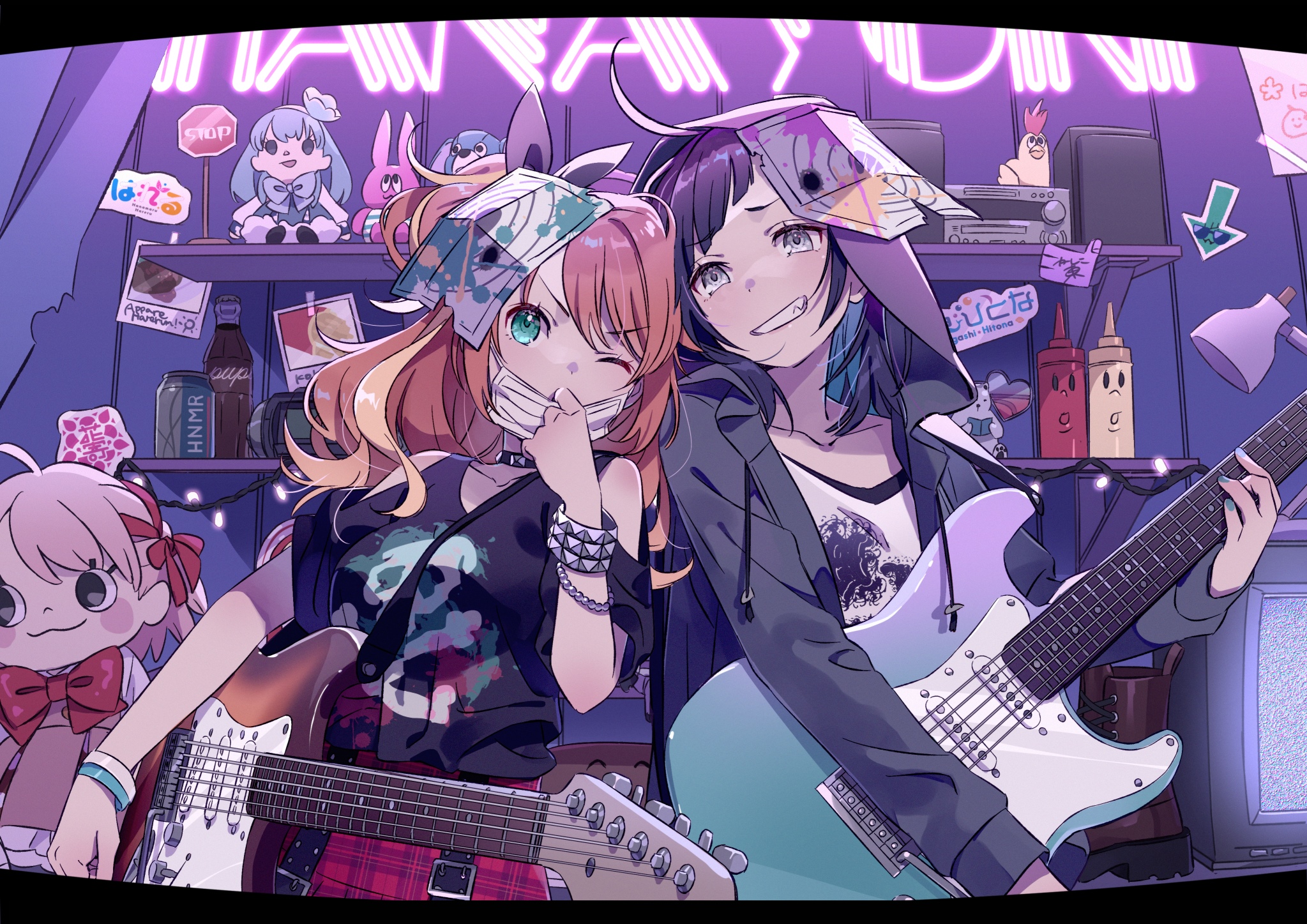 Two anime girls with guitars in a room HD Wallpaper