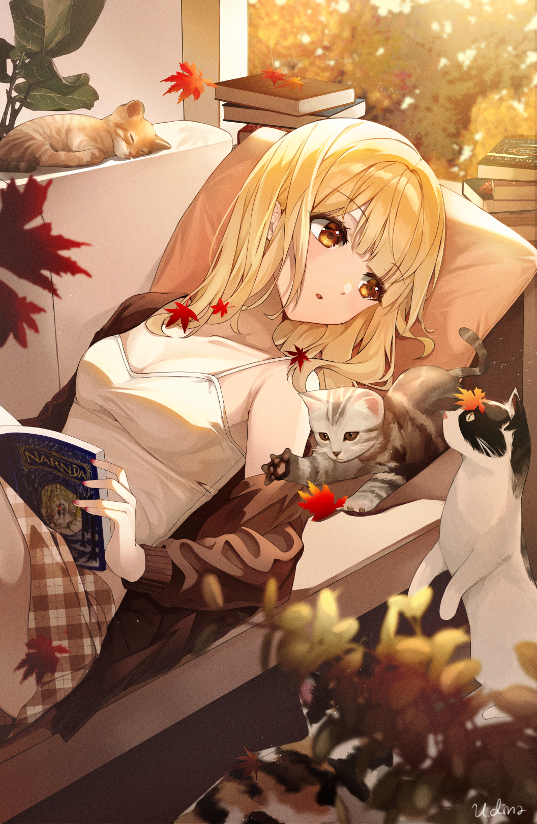 Girl reading with cats and autumn leaves HD Phone Wallpaper