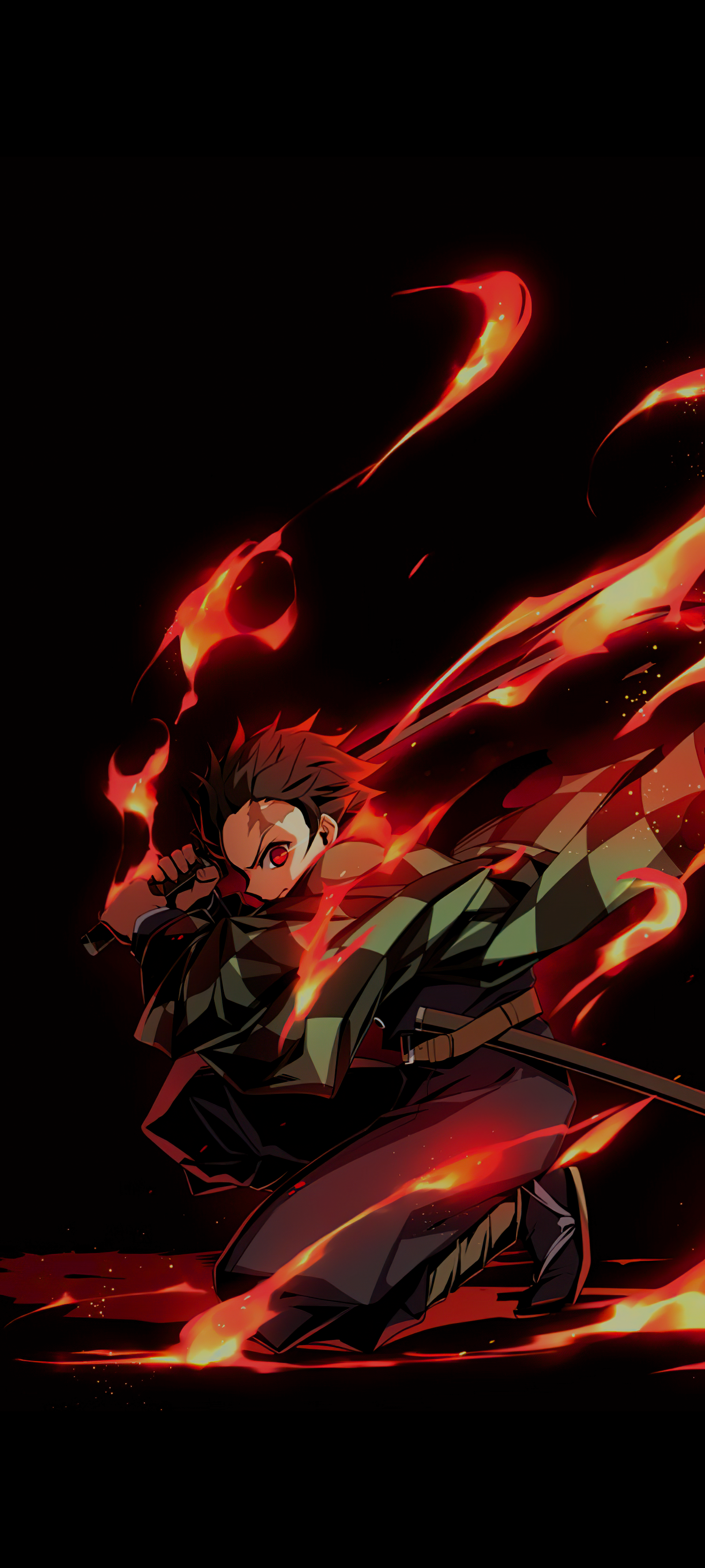 Kamado Tanjiro with fiery aura and katana HD Phone Wallpaper