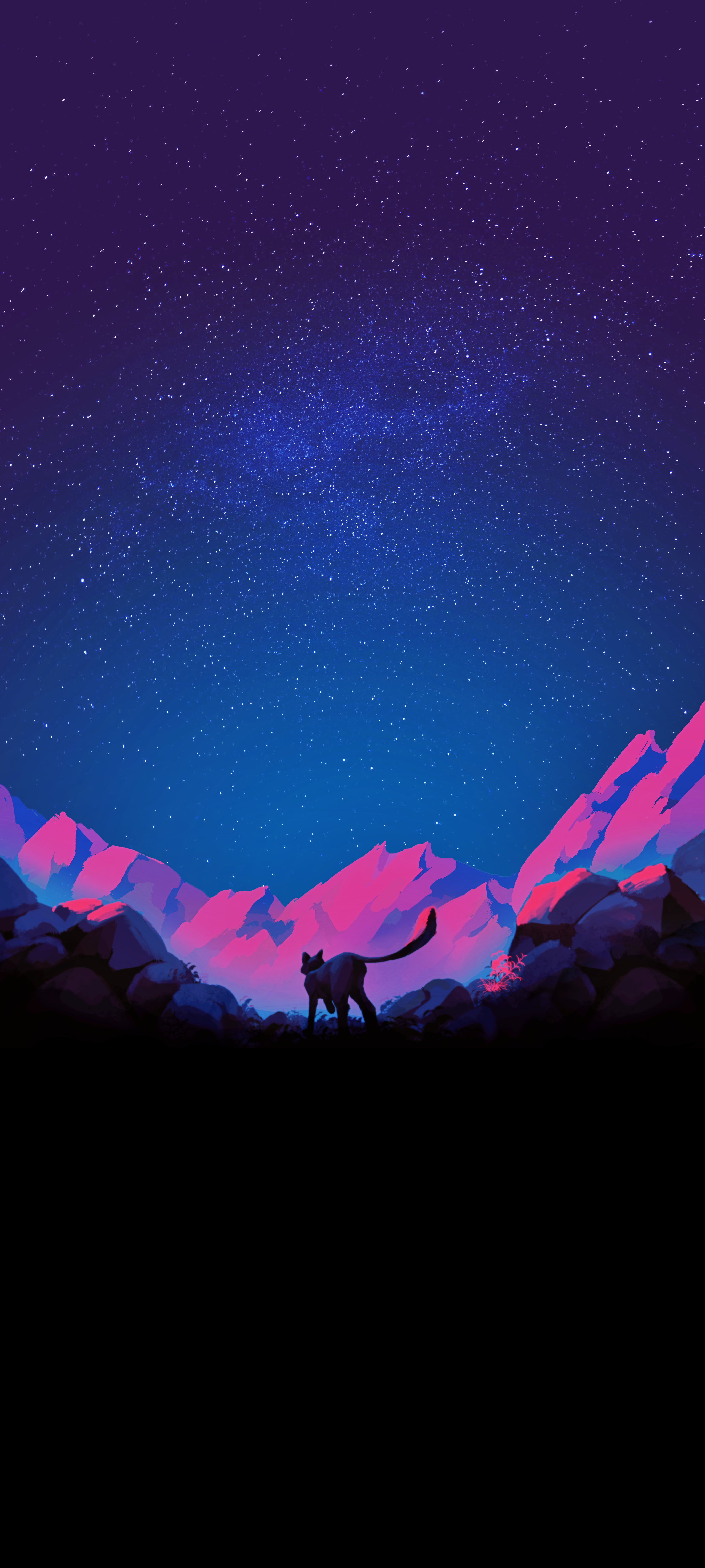 Cat walking through mountains under a starry sky HD Phone Wallpaper