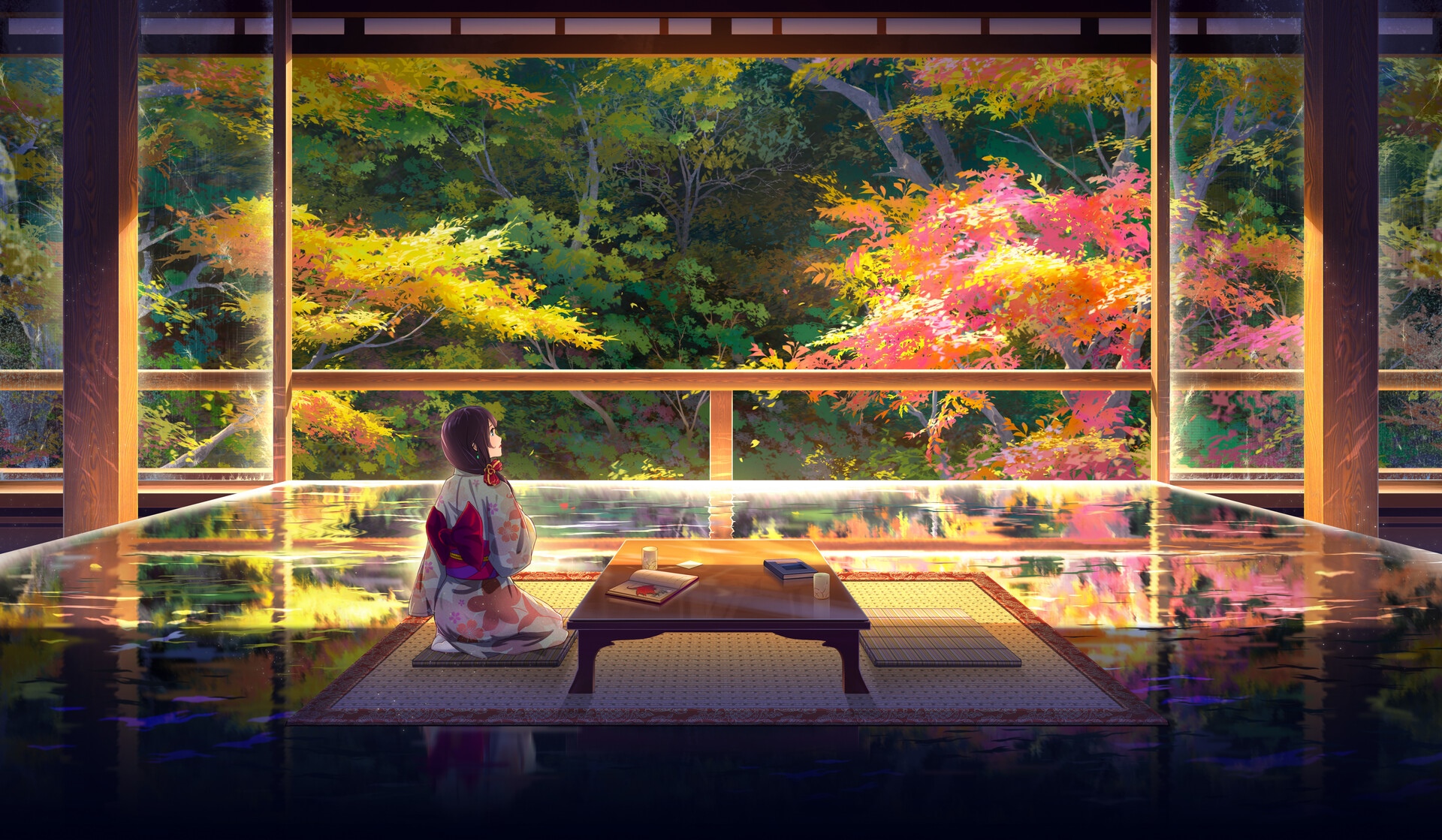 Girl in Kimono Gazing at Autumn Forest from Traditional Room HD Wallpaper