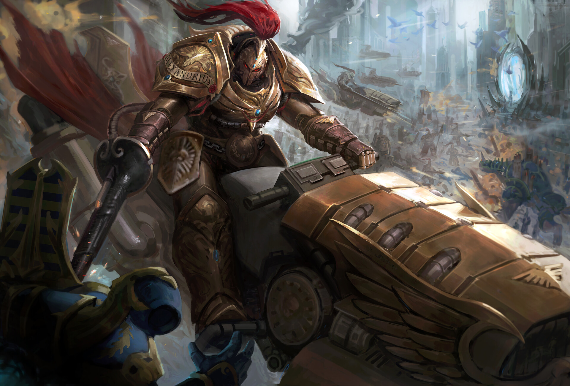 Adeptus Custodes Warrior on Jet Bike in Battle HD Wallpaper
