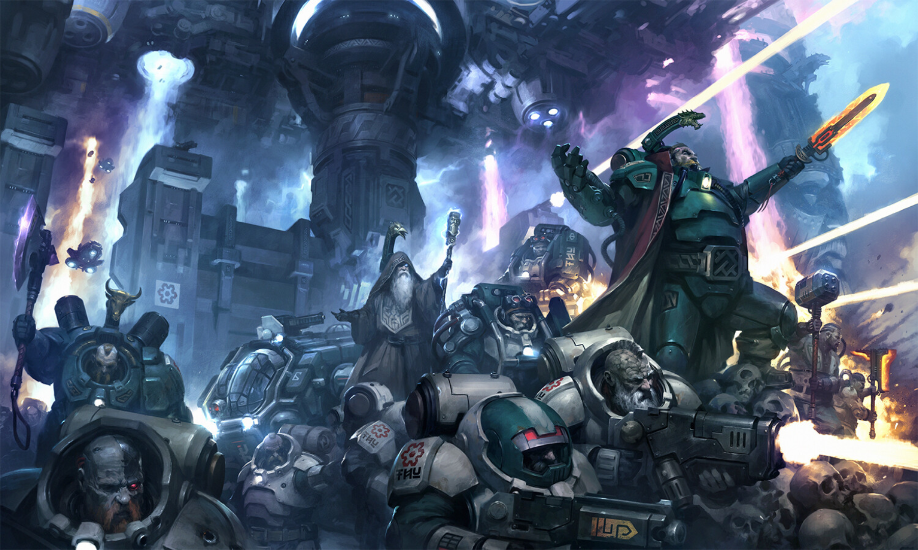 Warhammer 40,000 characters with weapons and armor HD Wallpaper