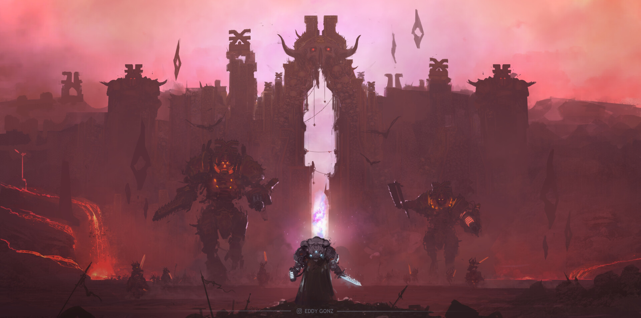 Warhammer 40,000 Chaos Knights and Demons in Lava Landscape HD Wallpaper