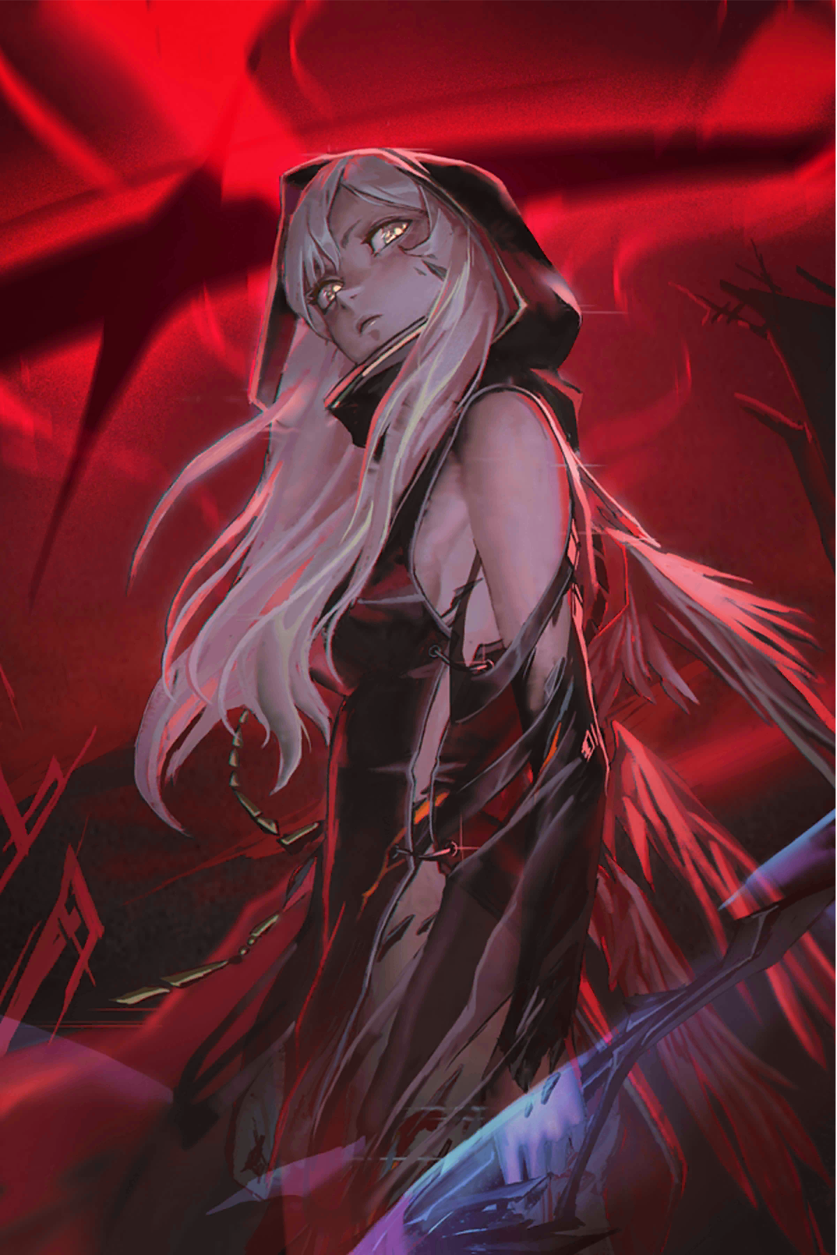 Path to Nowhere character with white hair and red background HD Phone Wallpaper