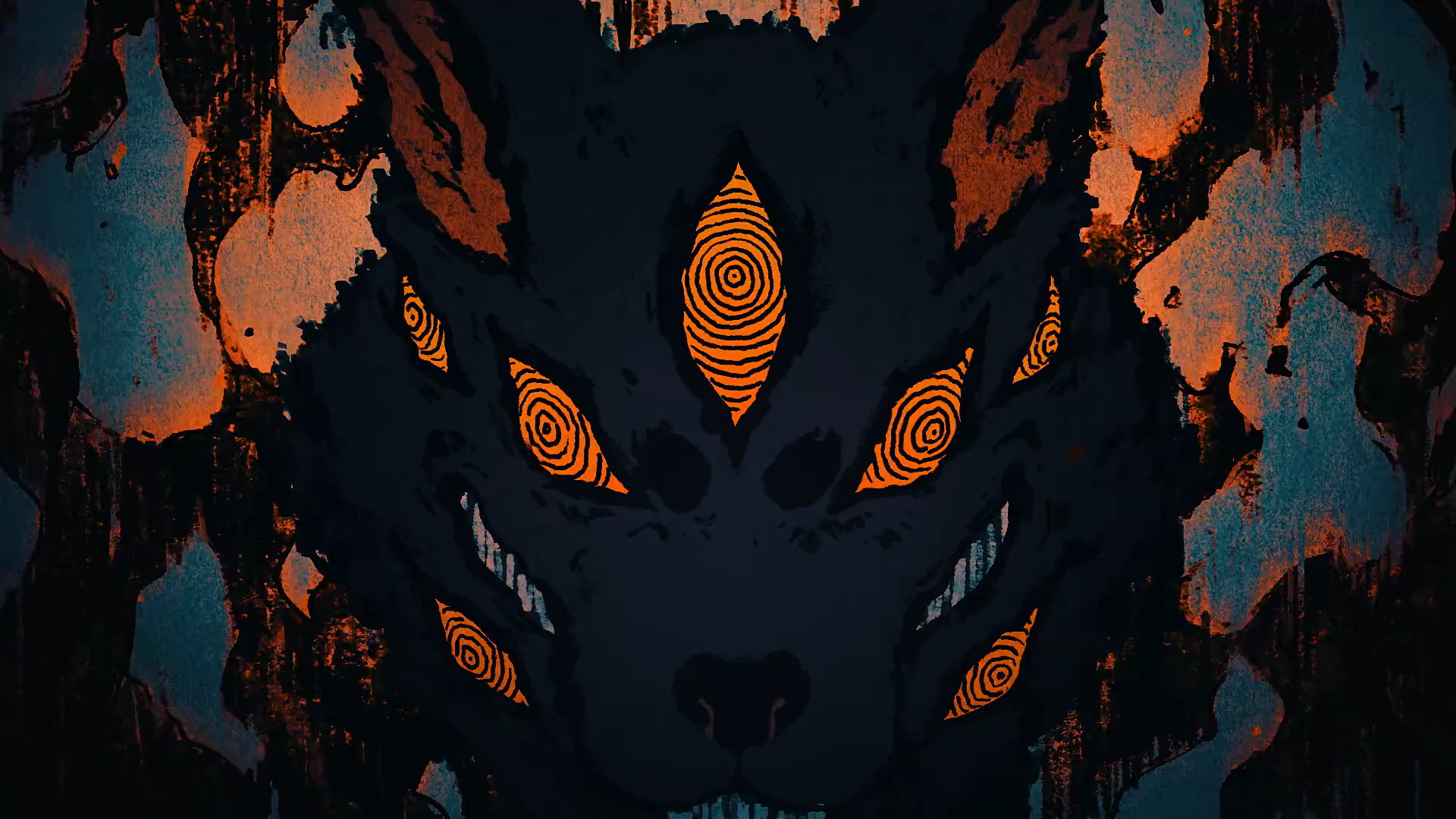 Dark creature with multiple glowing orange eyes HD Wallpaper