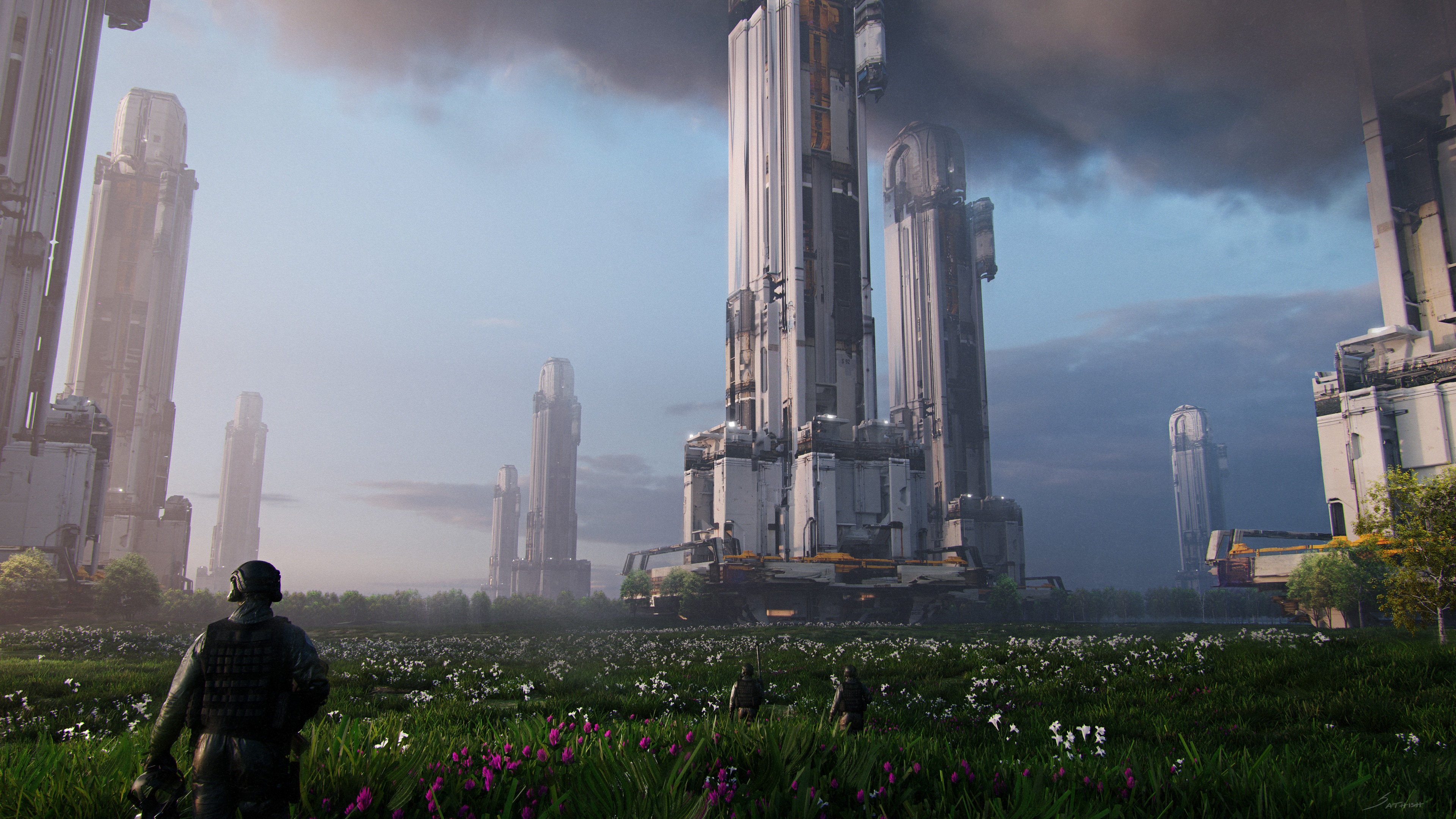 Soldier in a field of flowers with futuristic architecture HD Wallpaper