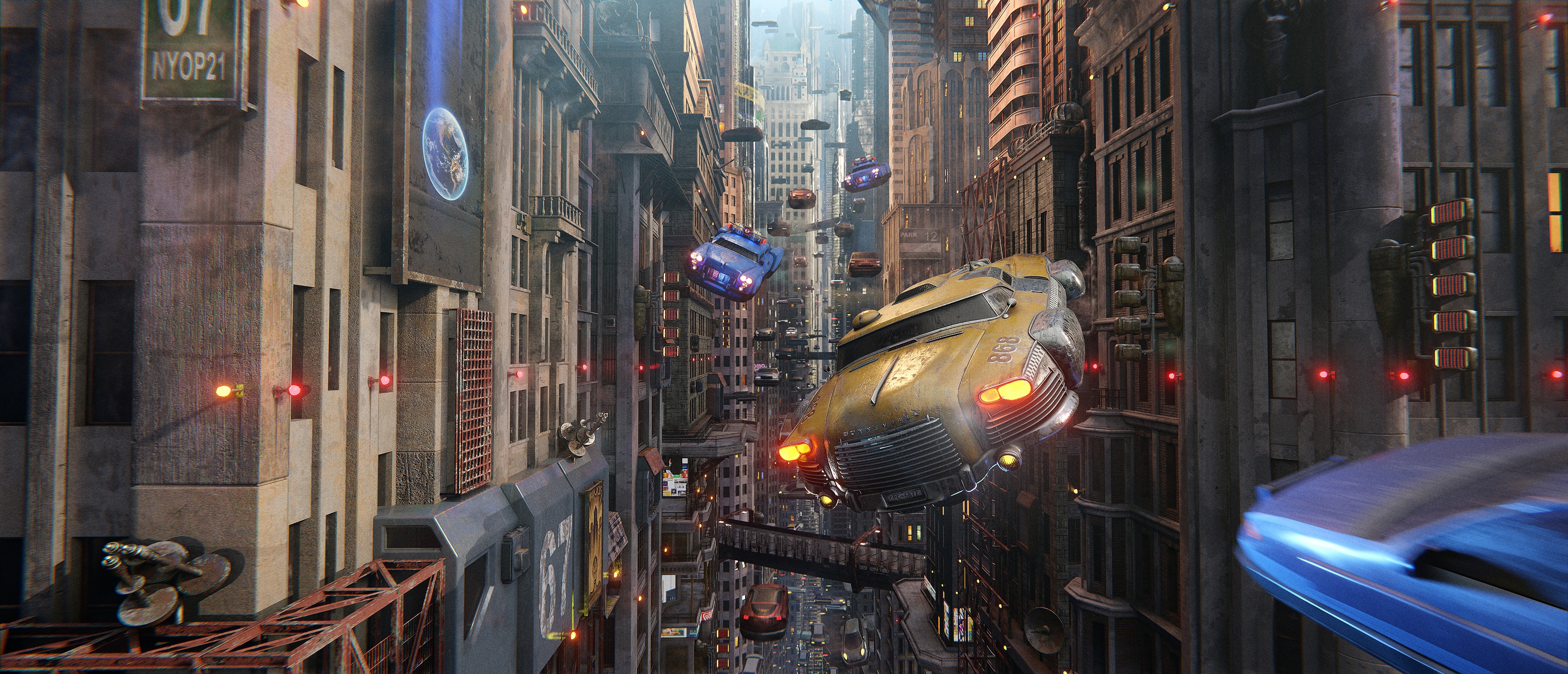 4K Futuristic City with Flying Taxis HD Wallpaper