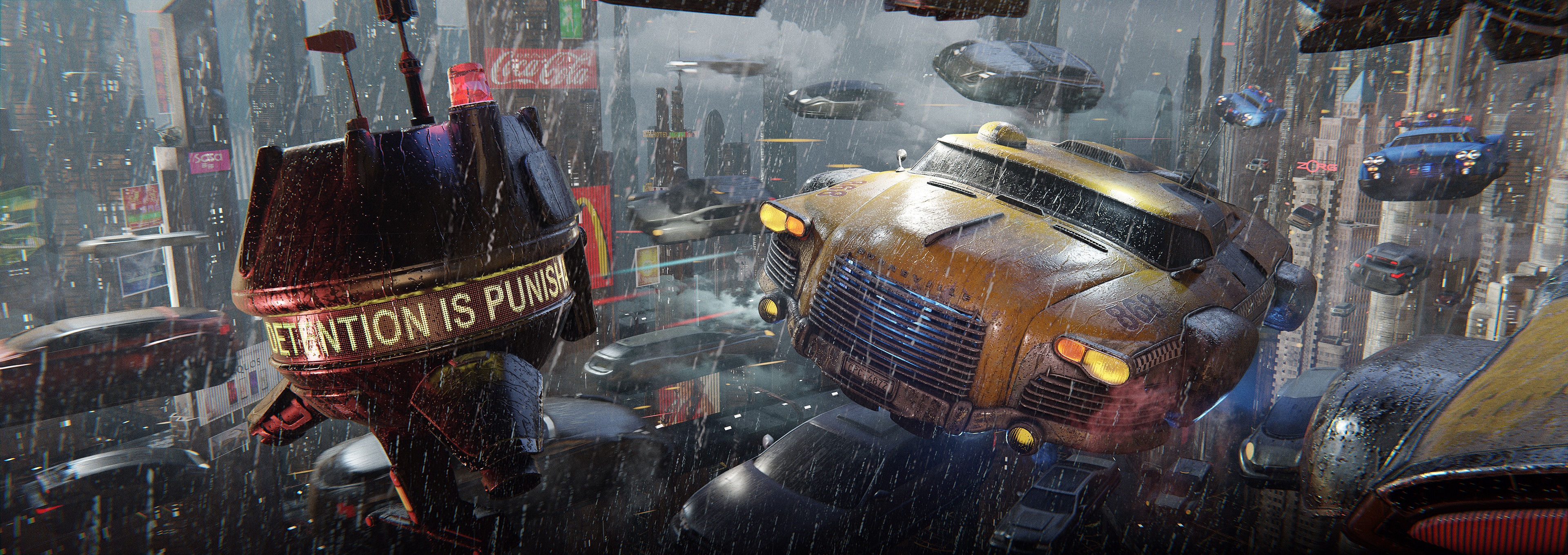 4K Futuristic City in Rain with Flying Cars HD Wallpaper
