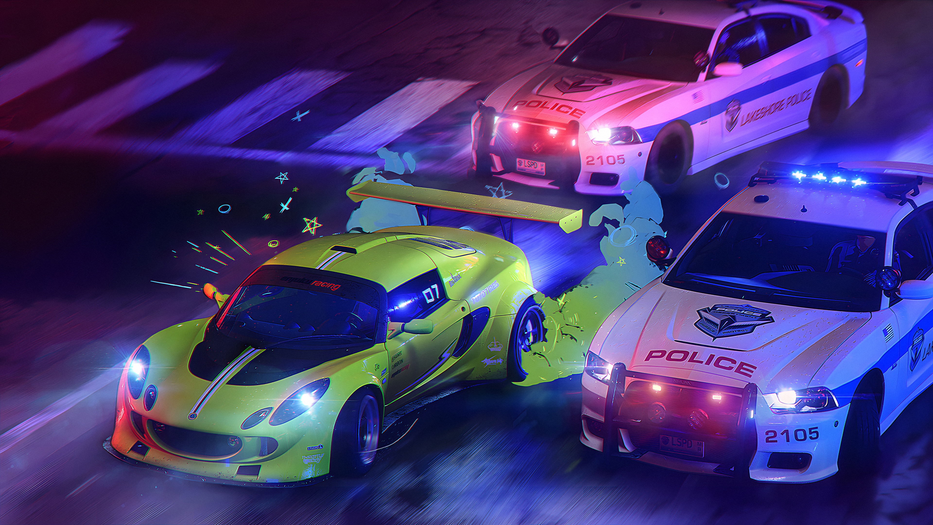 Need for Speed Unbound: Lotus Elise and Police Cars HD Wallpaper