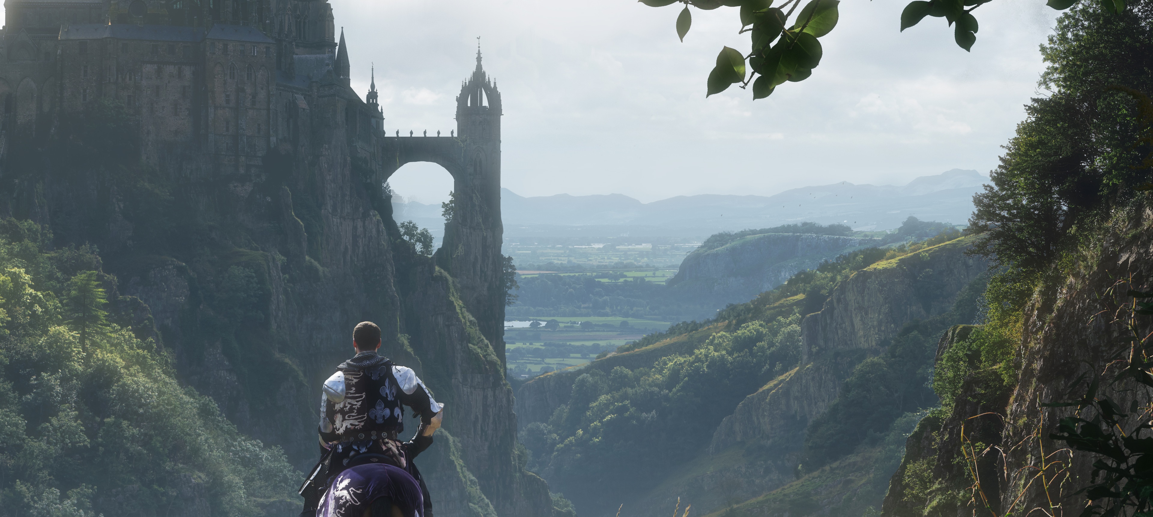 Fantasy warrior on horseback overlooking a castle HD Wallpaper