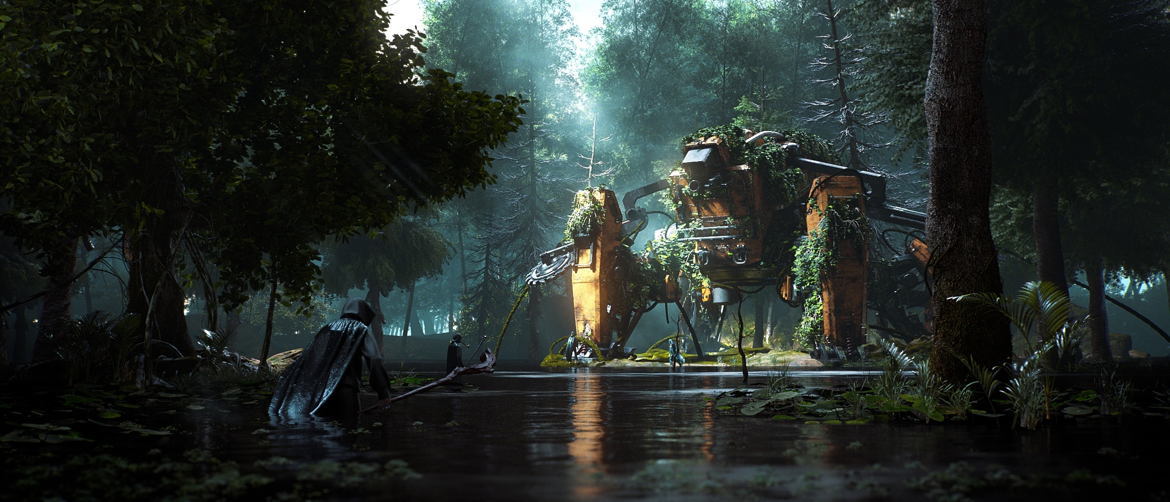 Overgrown futuristic machine in a forest HD Wallpaper