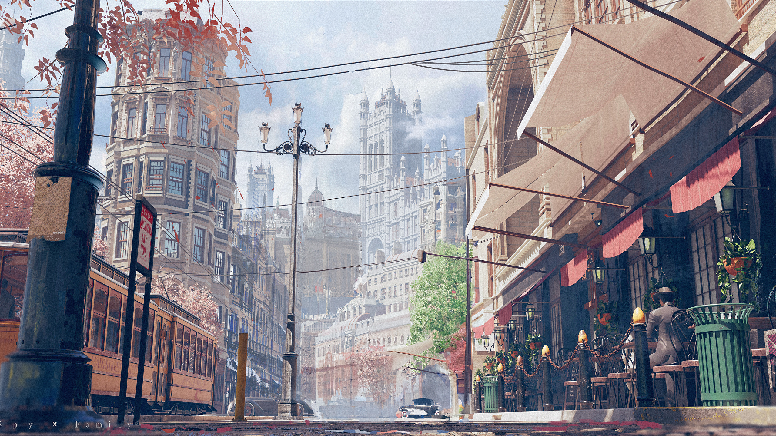 Fantasy city street with tram and cafe HD Wallpaper