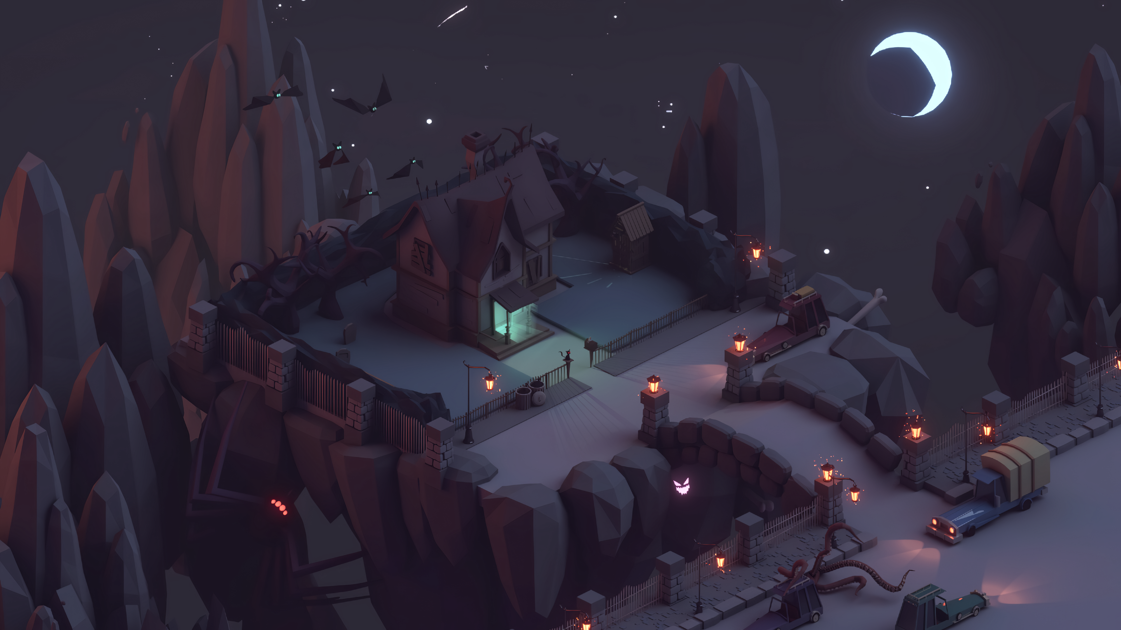 Spooky Halloween scene with a haunted house and bats HD Wallpaper