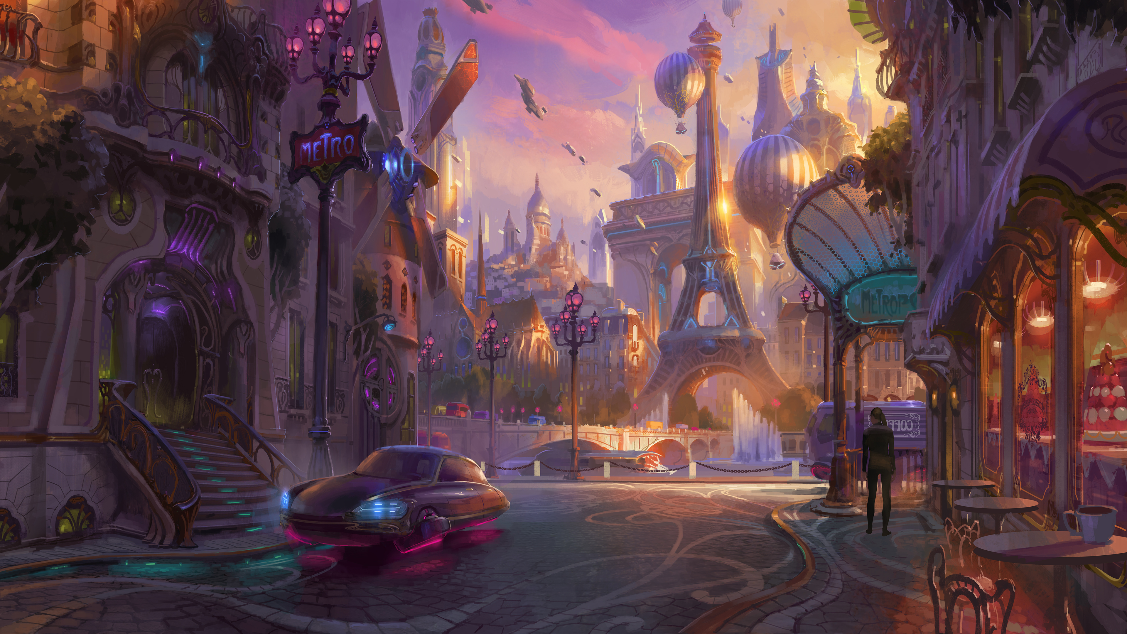 Fantasy Paris with Eiffel Tower and Citroen DS HD Wallpaper
