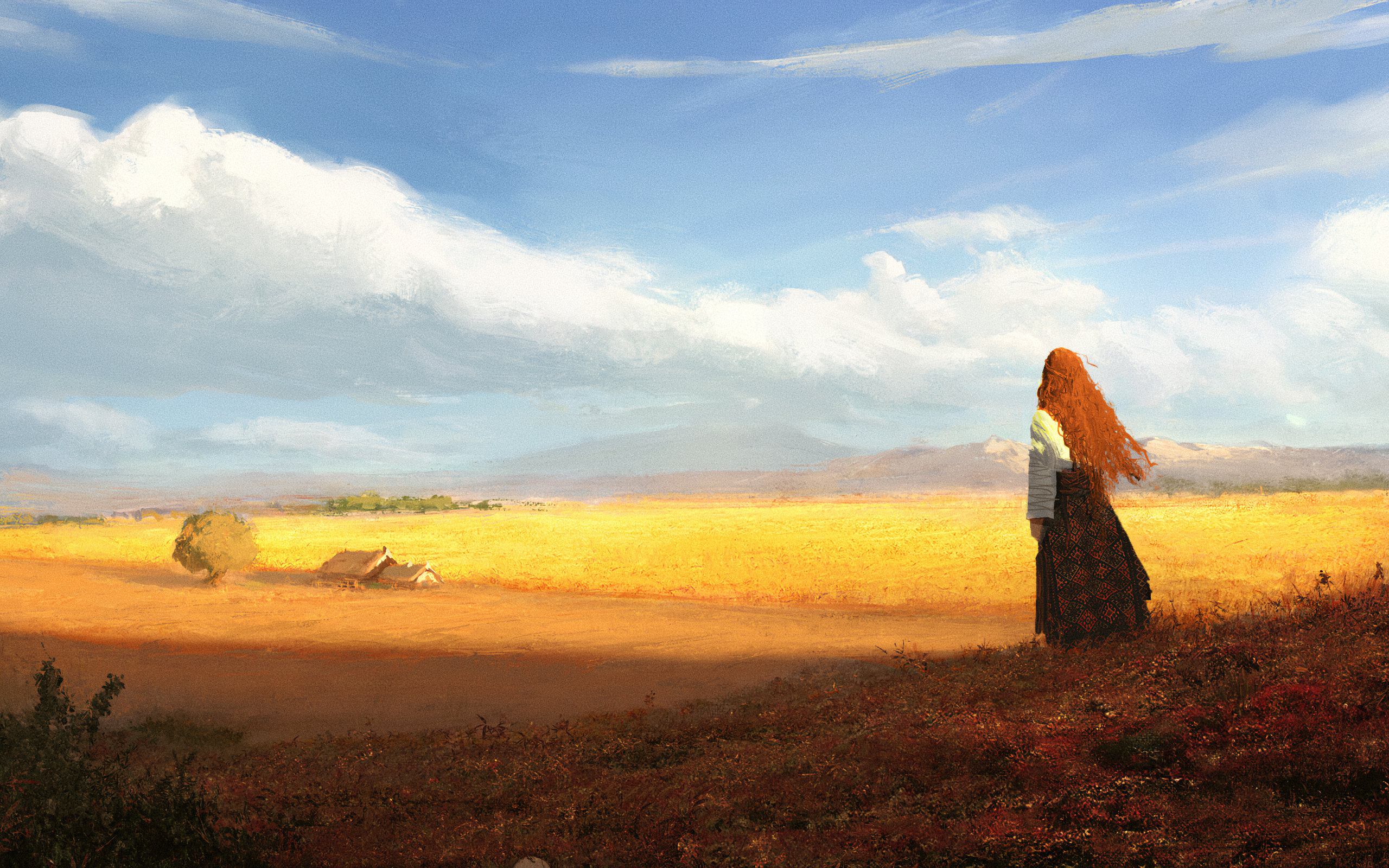 Woman with long red hair in a wheat field HD Wallpaper