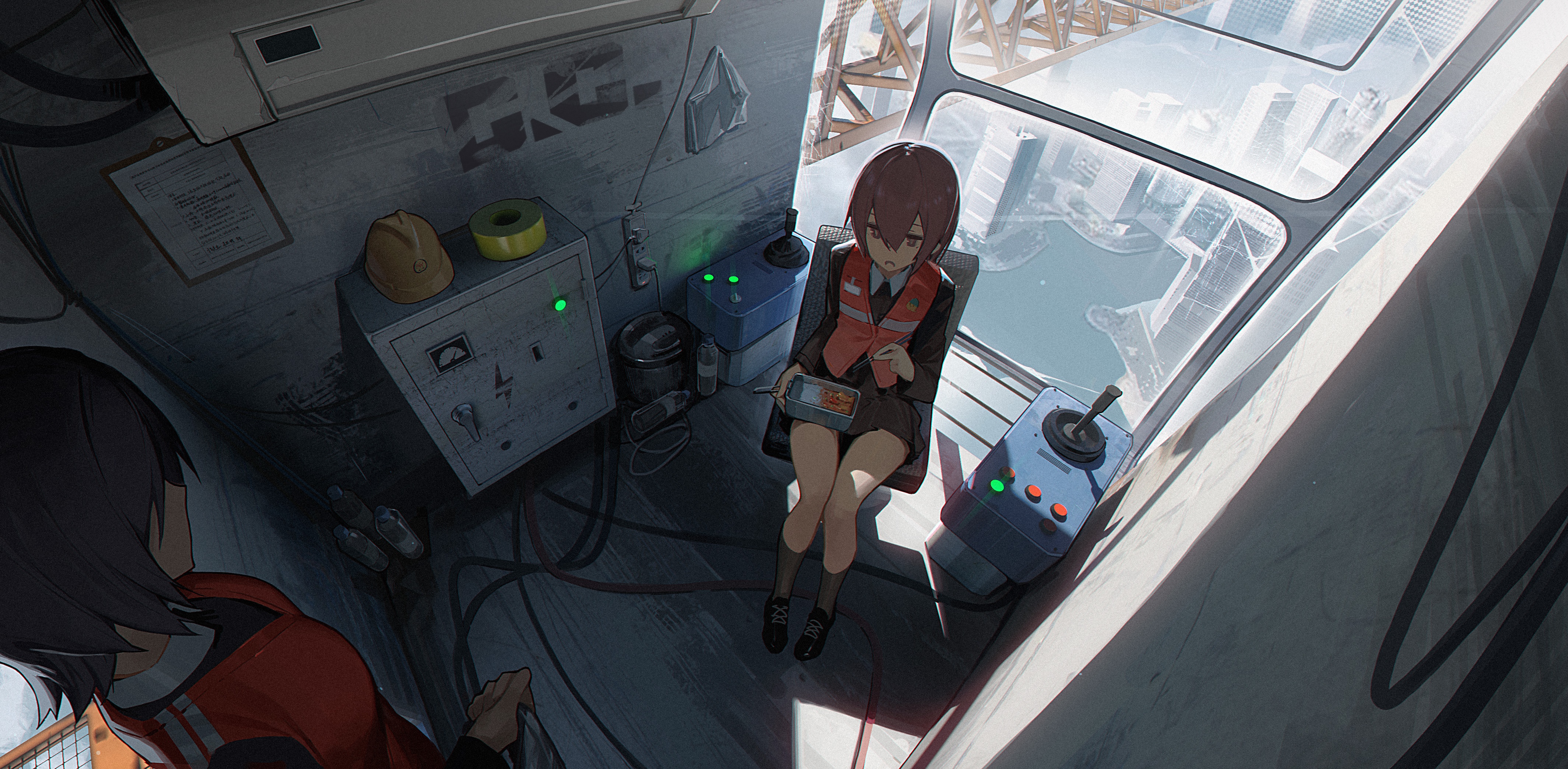 Anime girls in a control room overlooking a city HD Wallpaper