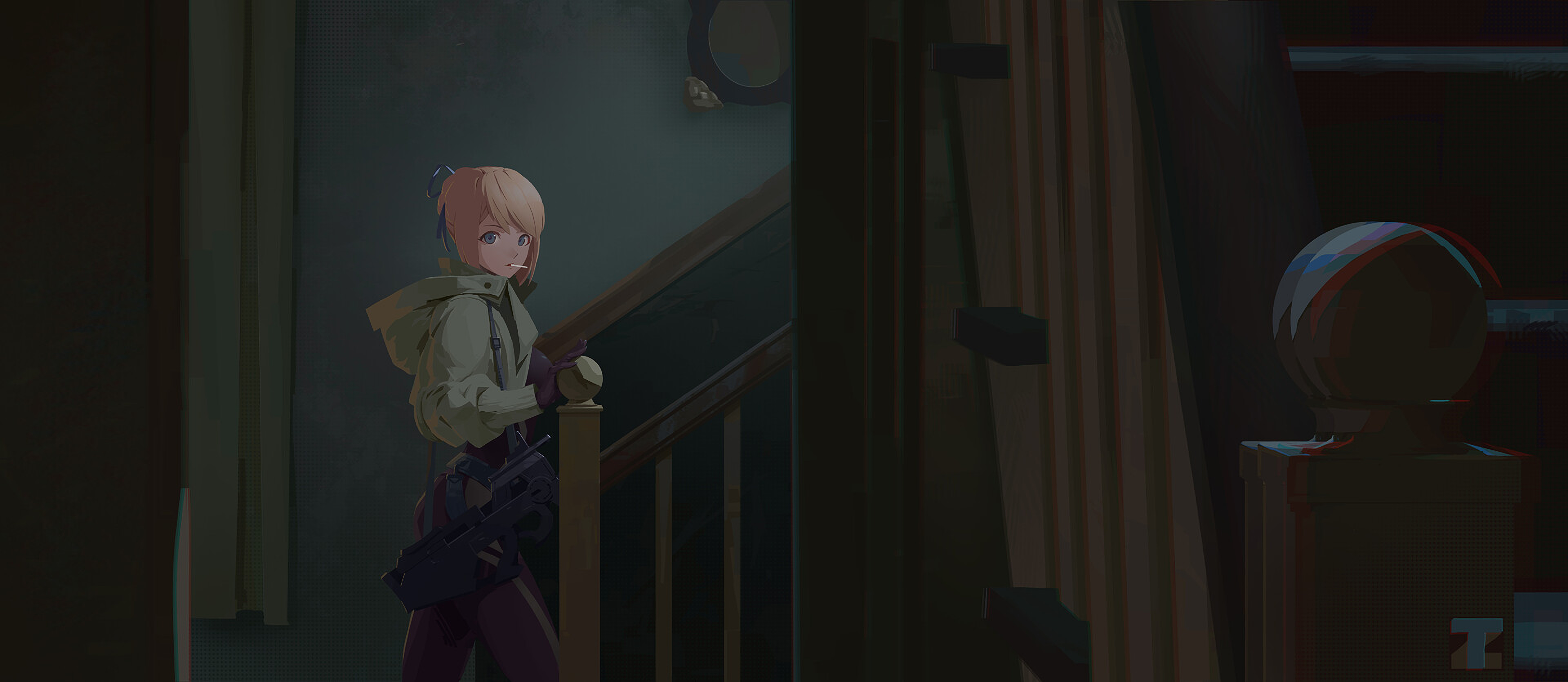 Anime girl with gun on stairs HD Wallpaper