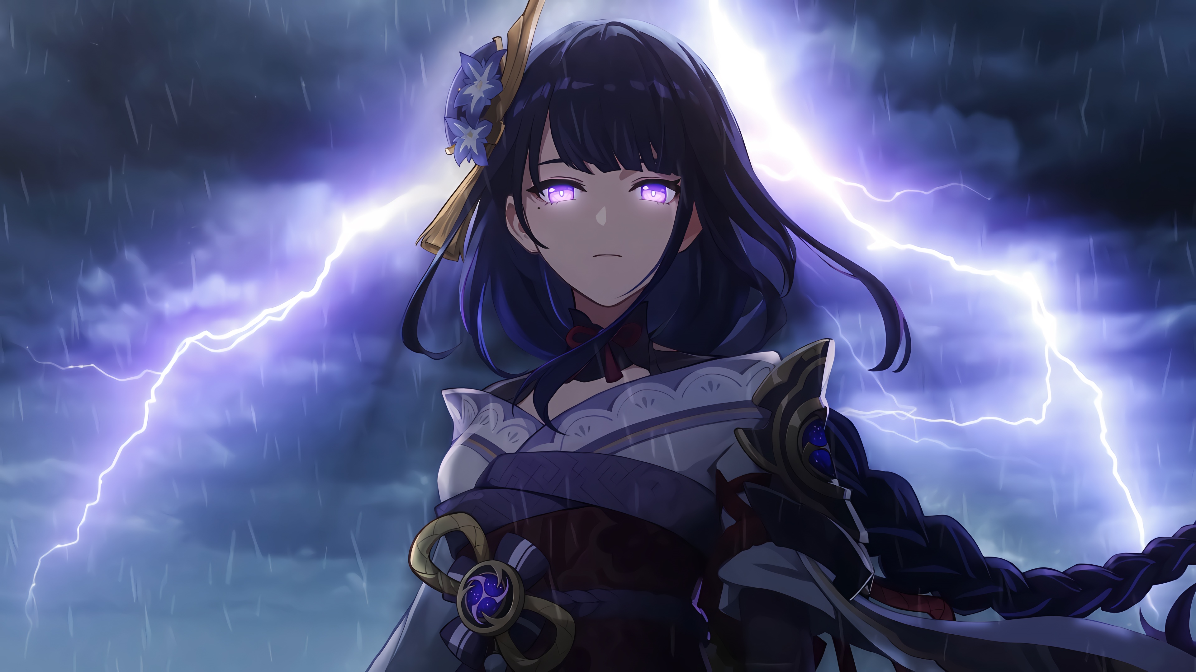 4K Raiden Shogun in lightning storm HD Wallpaper