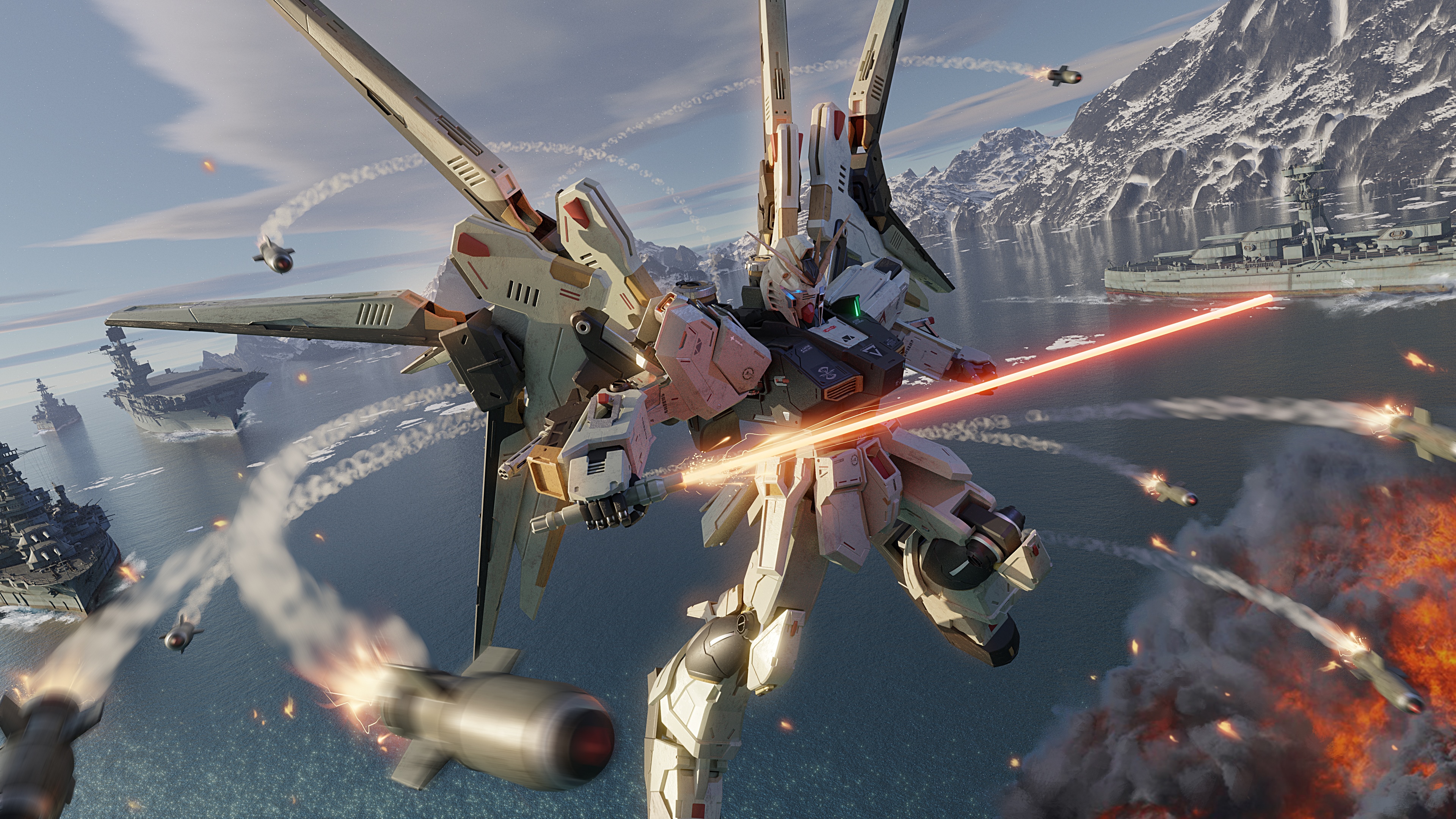 4K Gundam fighting boats with missiles HD Wallpaper