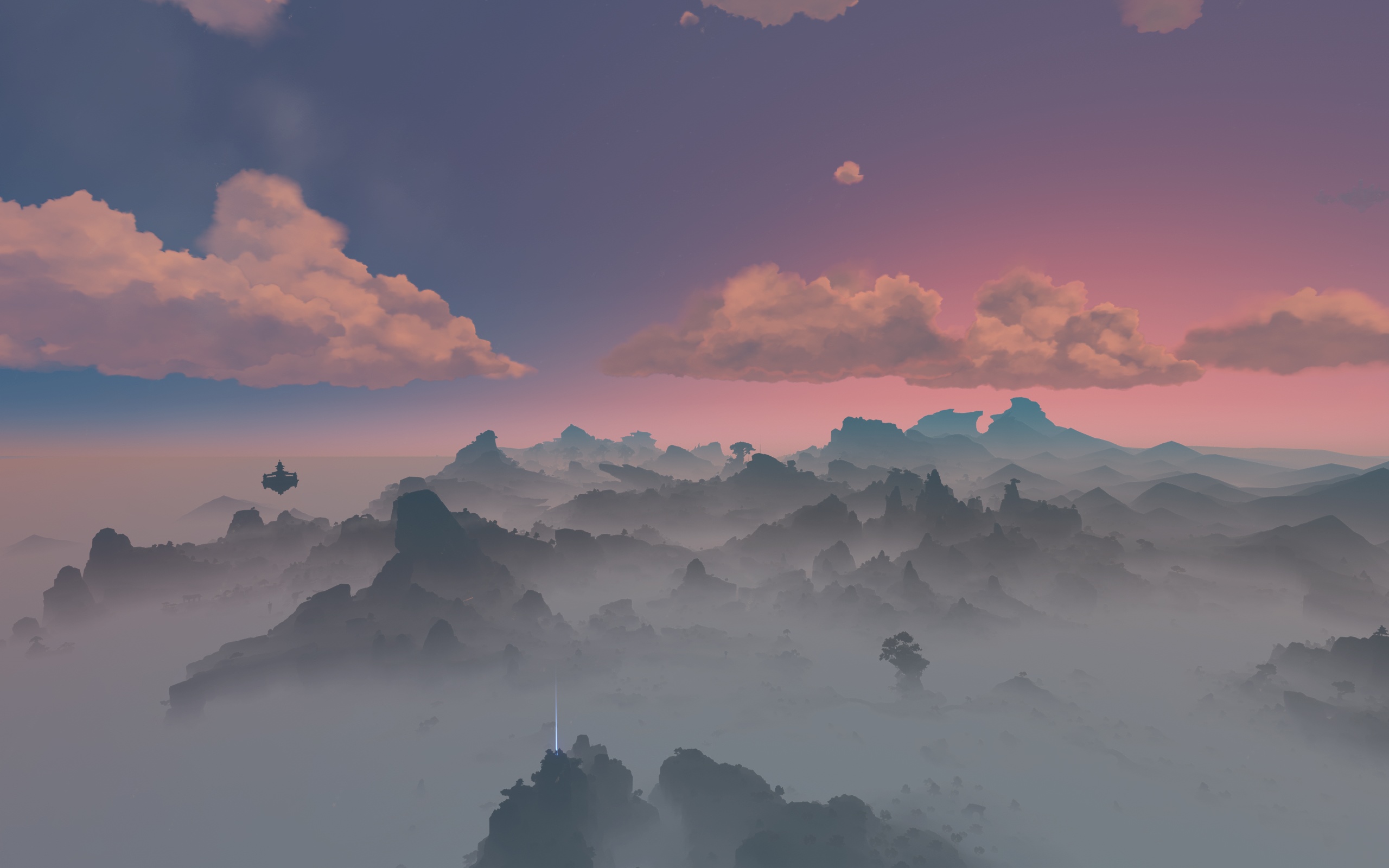 Misty mountains at sunset with floating island in Genshin Impact HD Wallpaper