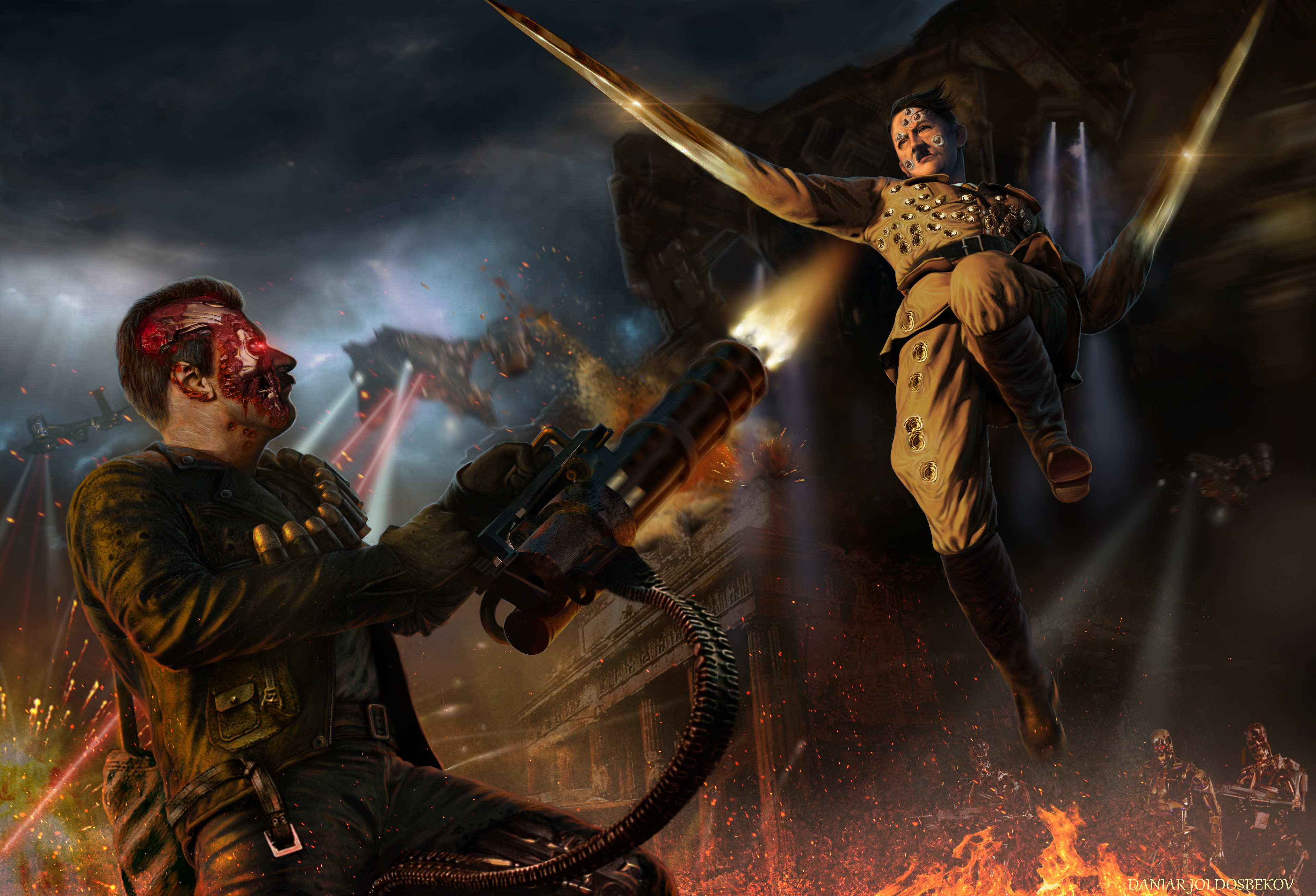 4K: Terminator vs. Adolf Hitler in Battle HD Wallpaper