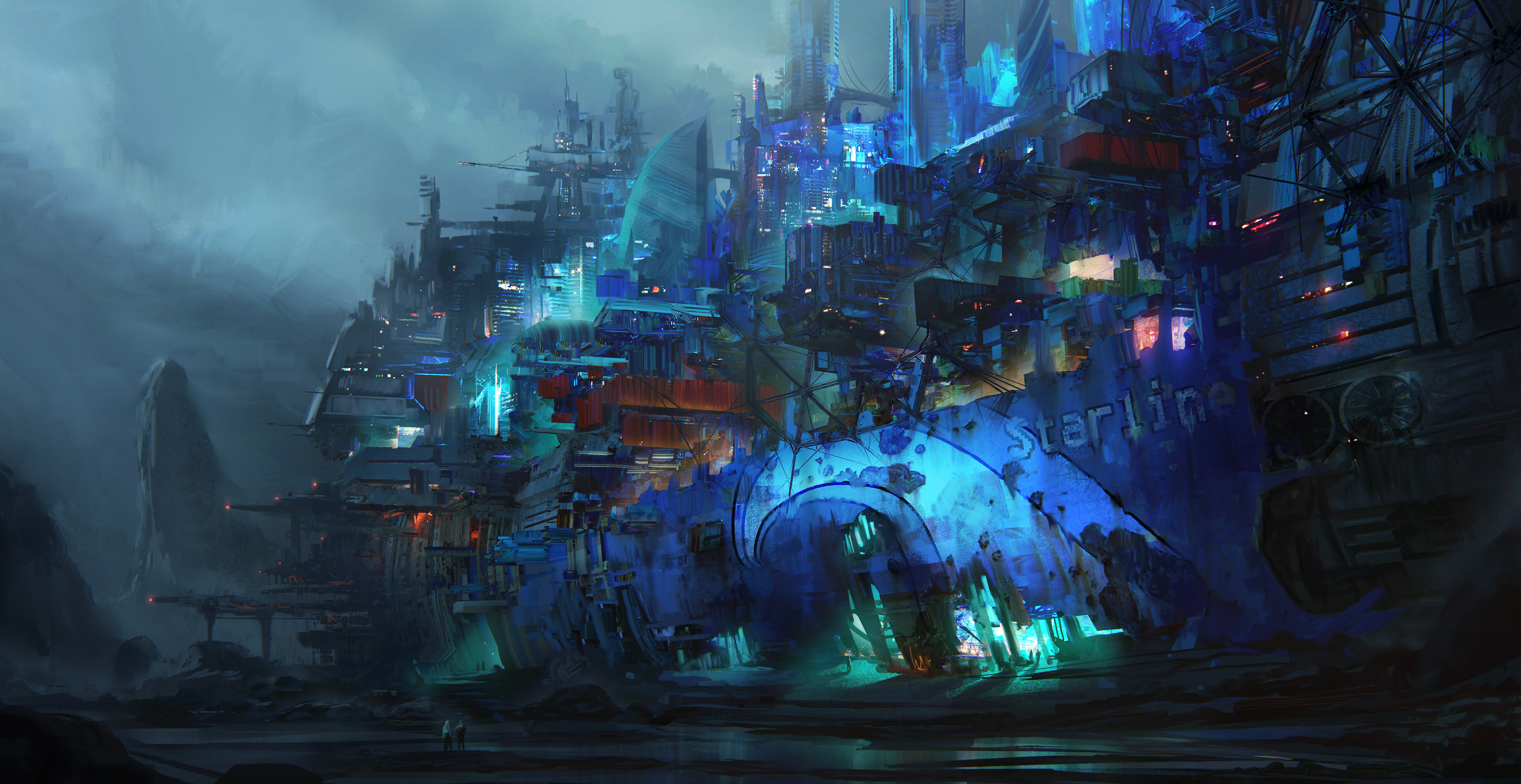 4K science fiction city with blue and green lights HD Wallpaper