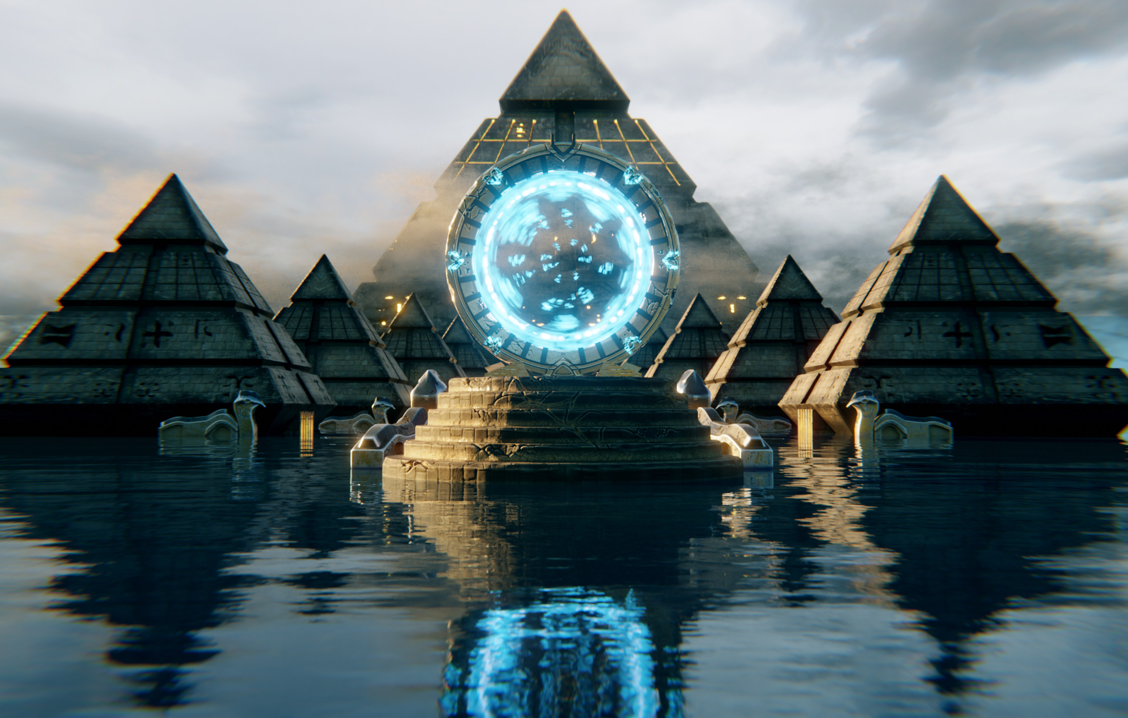 Sci-fi Stargate with pyramids in water HD Wallpaper