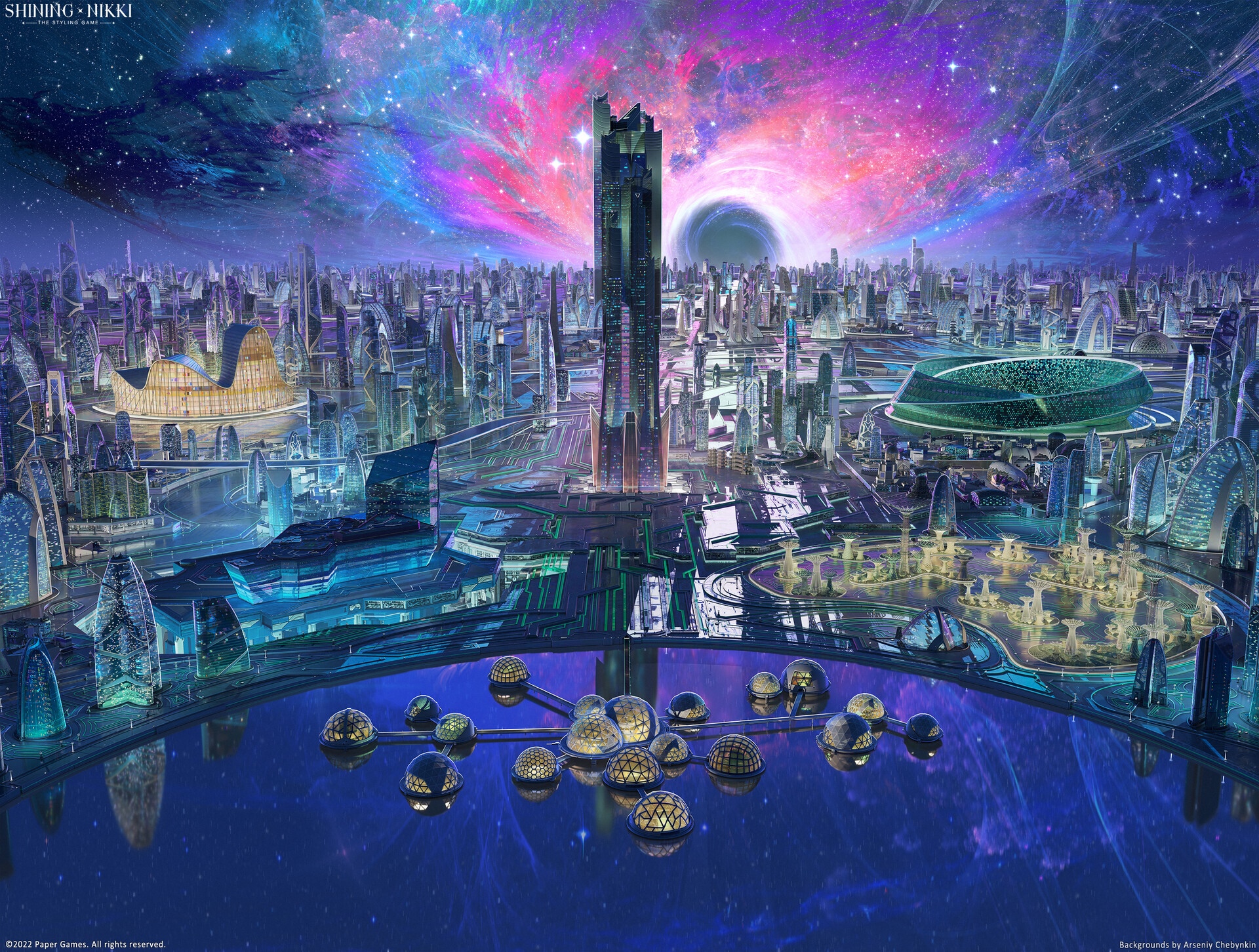 Shining Nikki Futuristic Cityscape with Cosmic Sky HD Wallpaper
