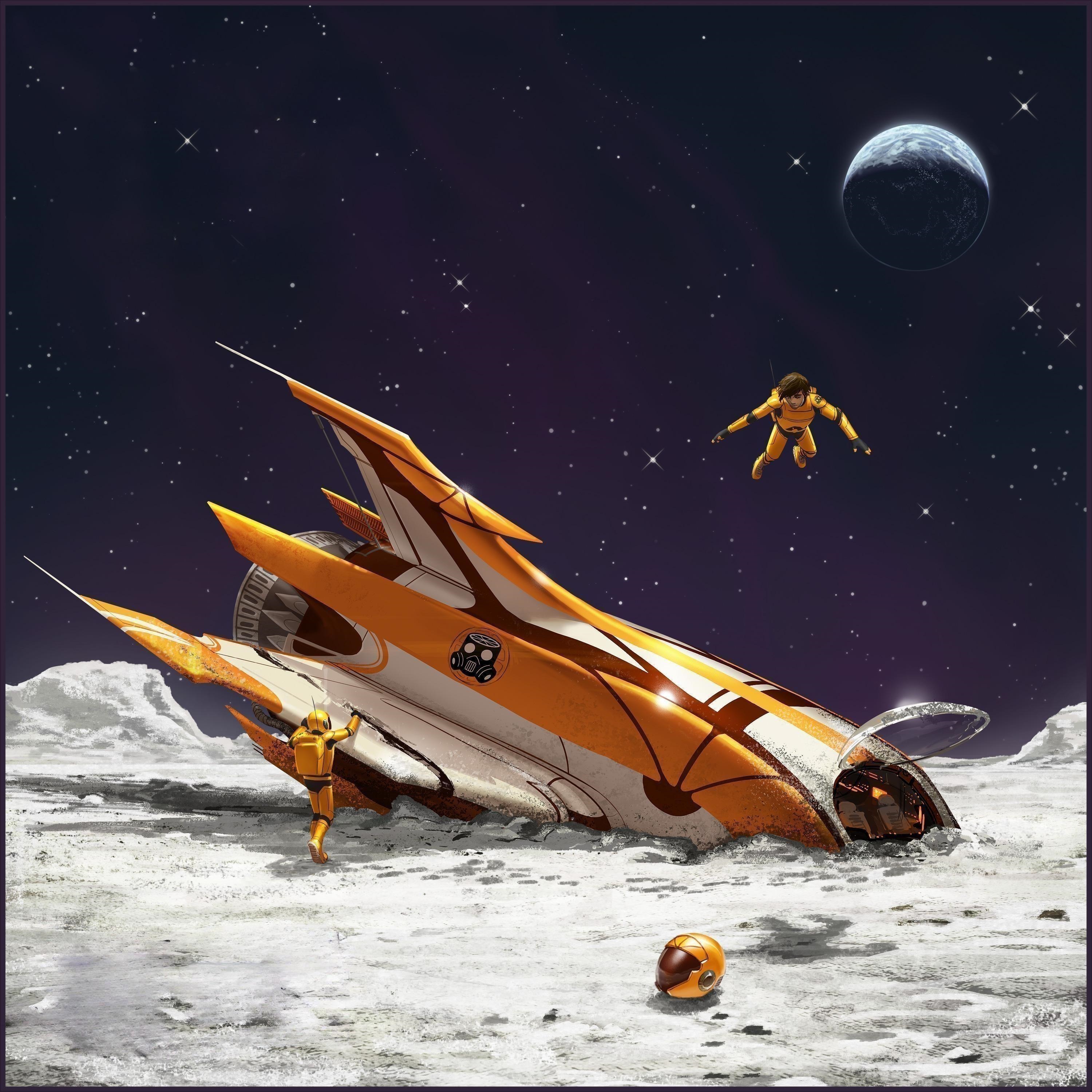 Astronauts and spaceship on a moon with a planet in the sky HD Wallpaper