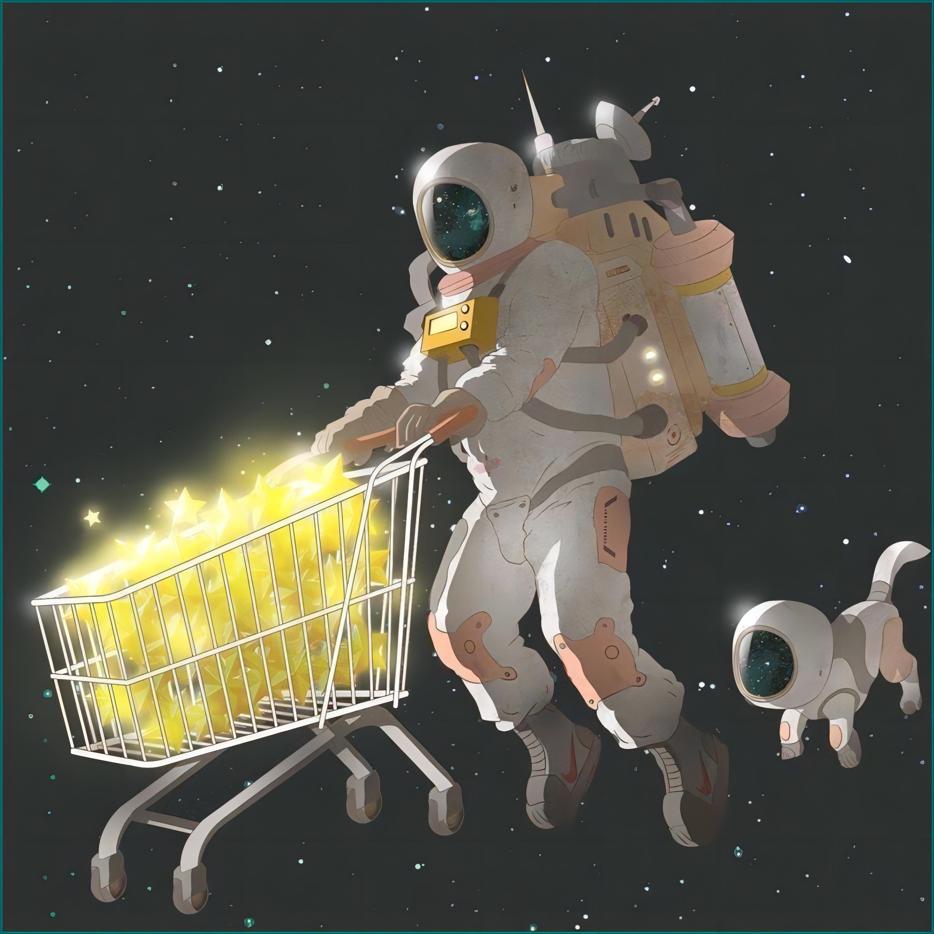 Astronaut pushing a shopping cart full of stars with a dog HD Wallpaper