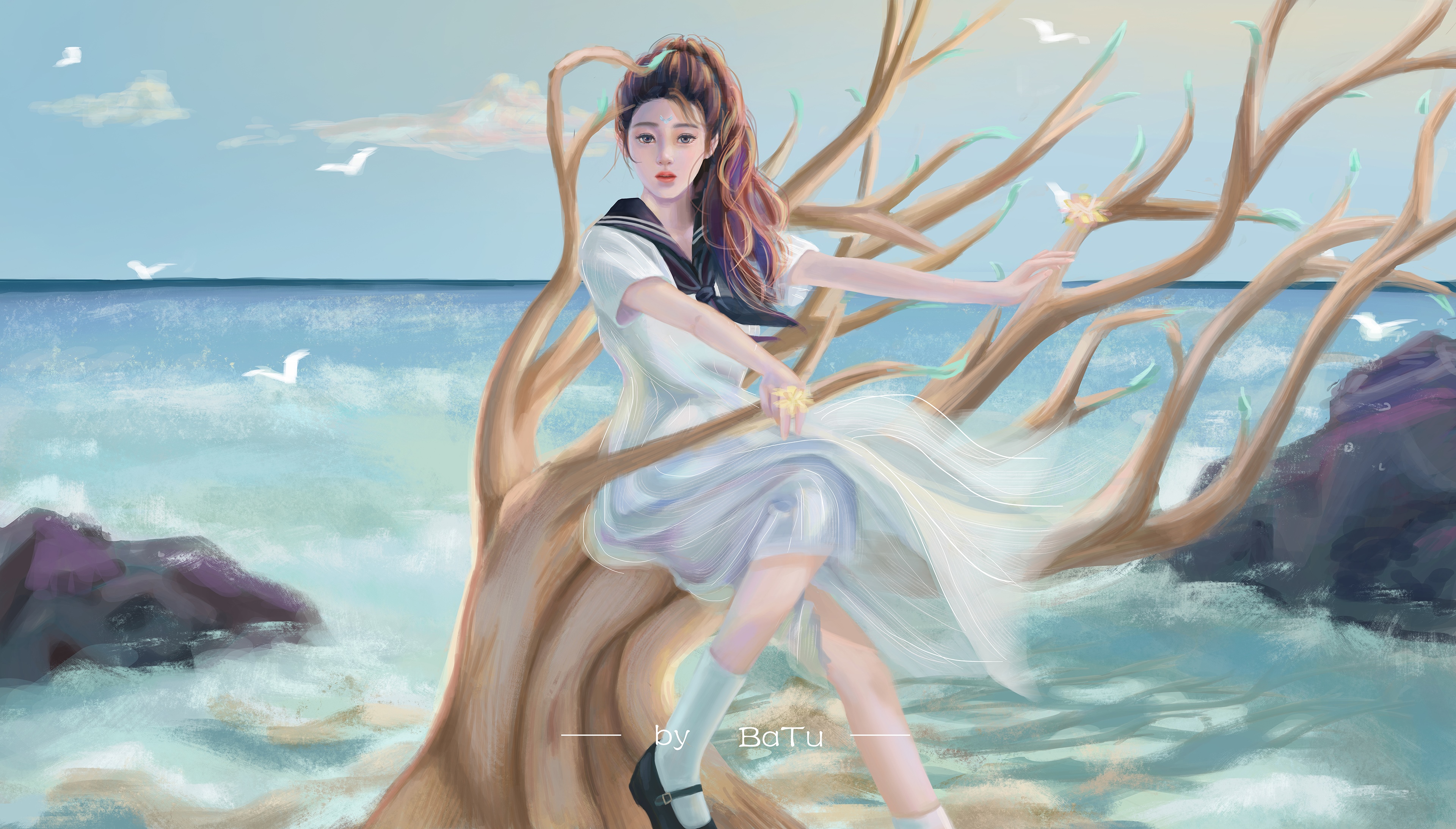 4K Asian woman in sailor uniform by a tree HD Wallpaper