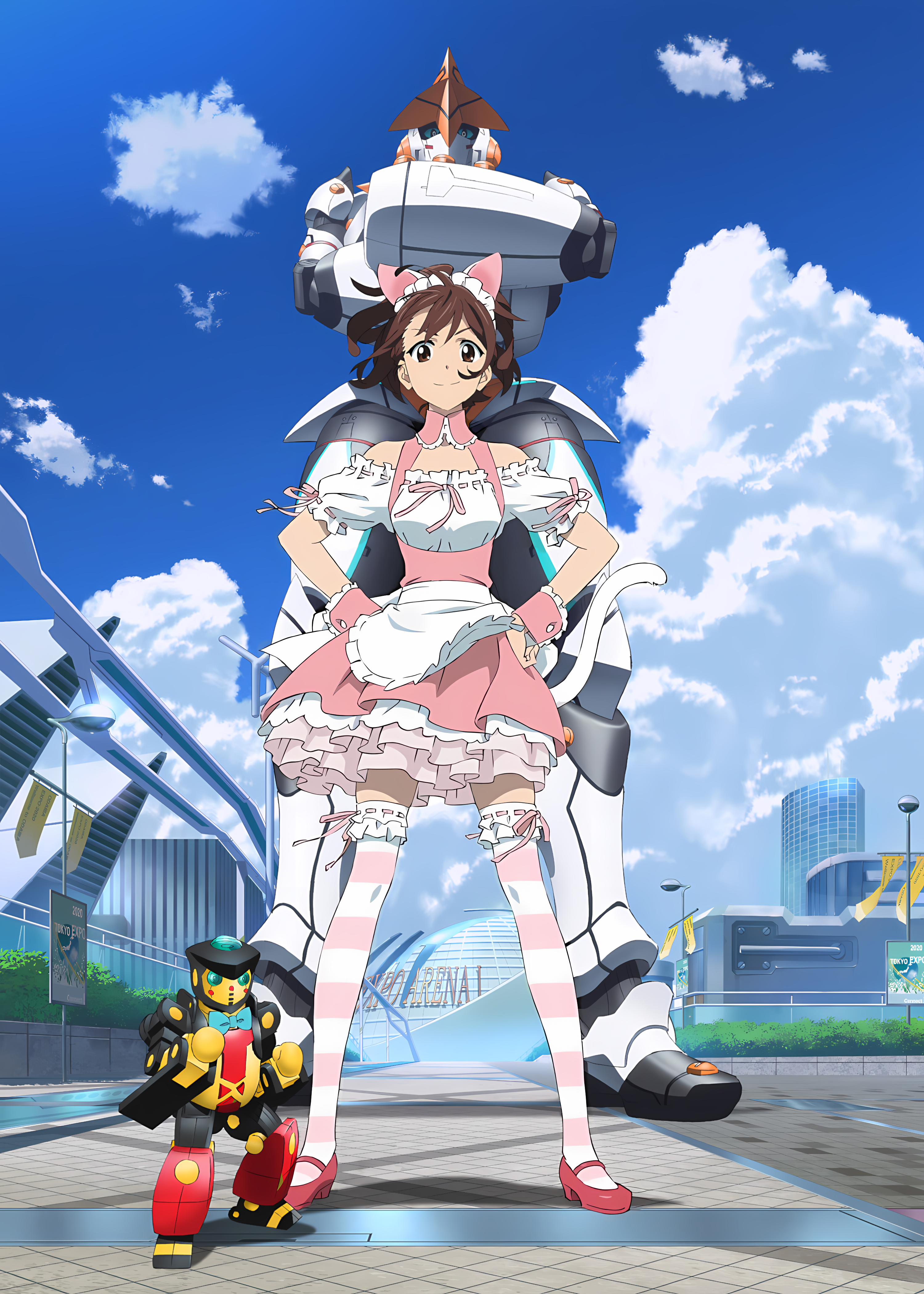 Akiho Senomiya and mechs in a futuristic city HD Phone Wallpaper