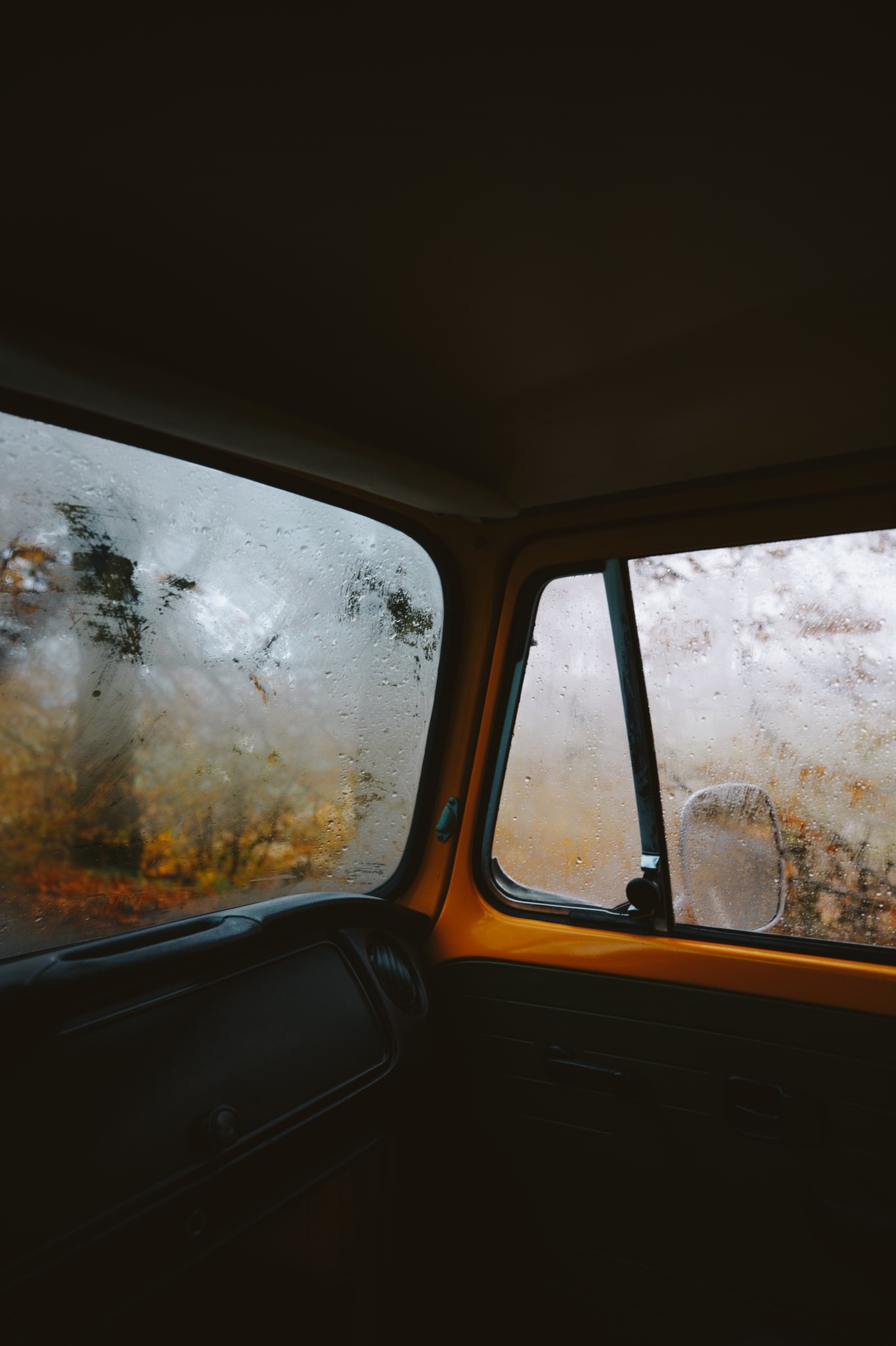 Car interior with wet windows and autumn trees HD Phone Wallpaper