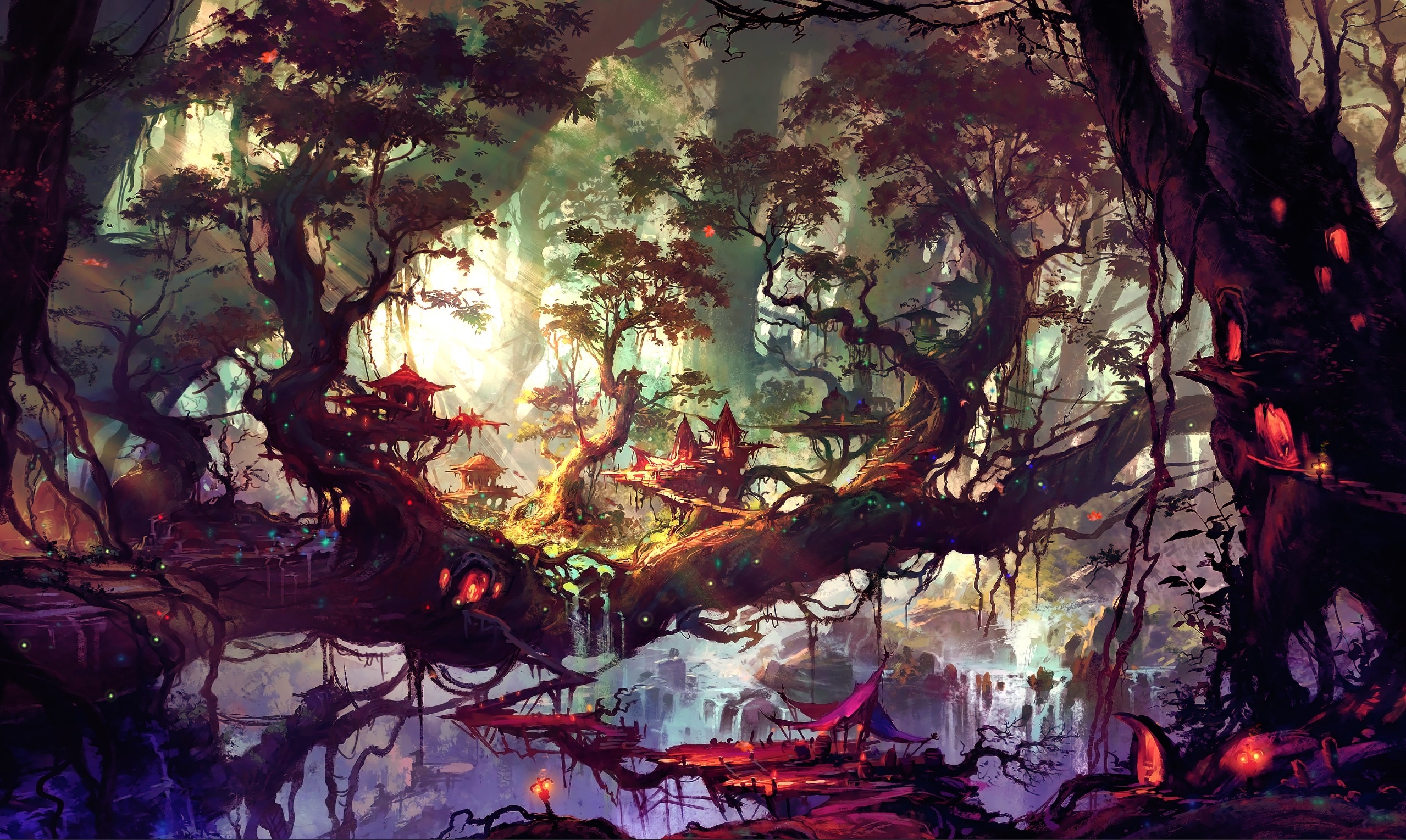 Fantasy art of a magical forest with glowing homes HD Wallpaper